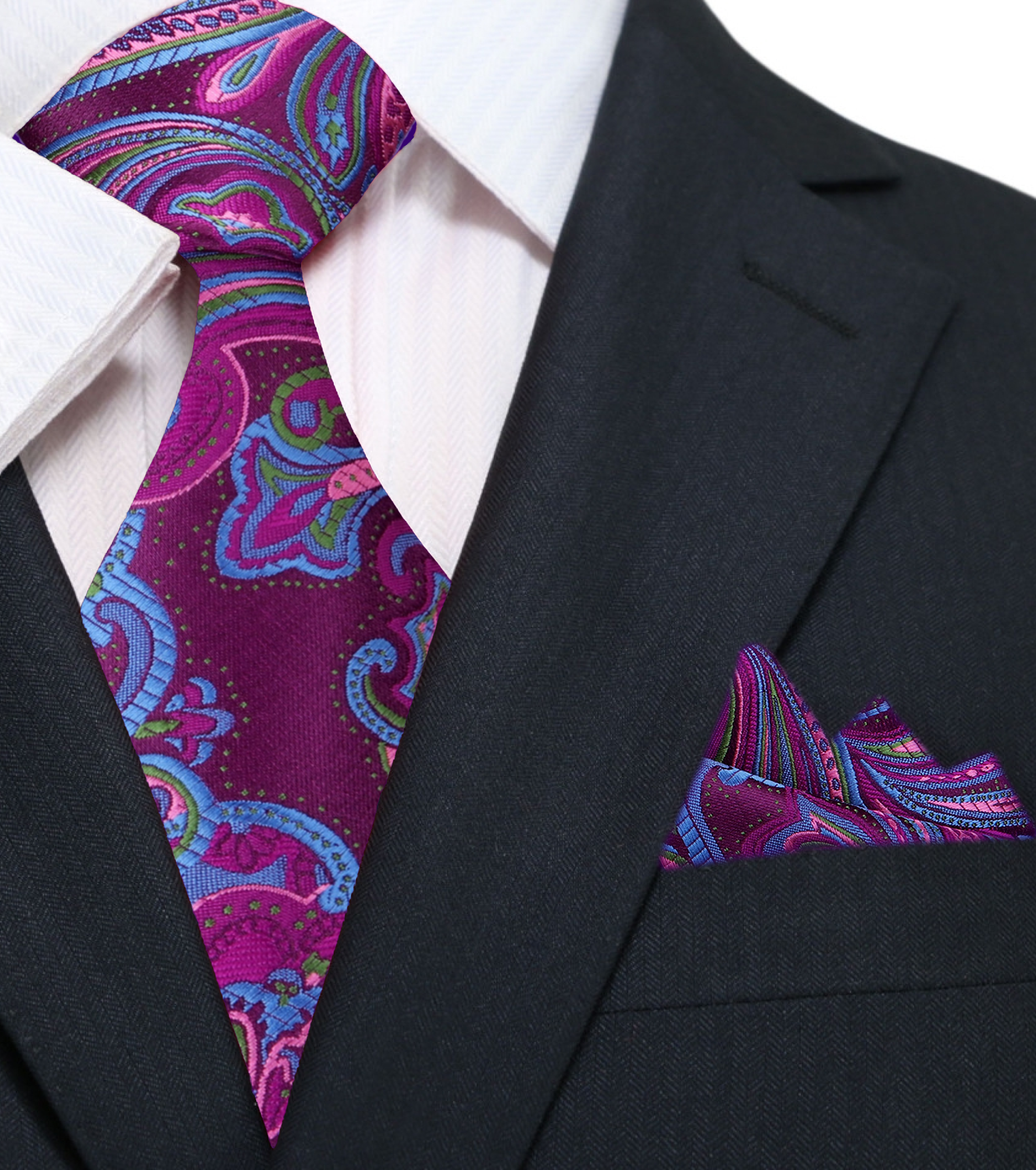 Elegant paisley pattern silk tie styled with a navy suit for evening reception
