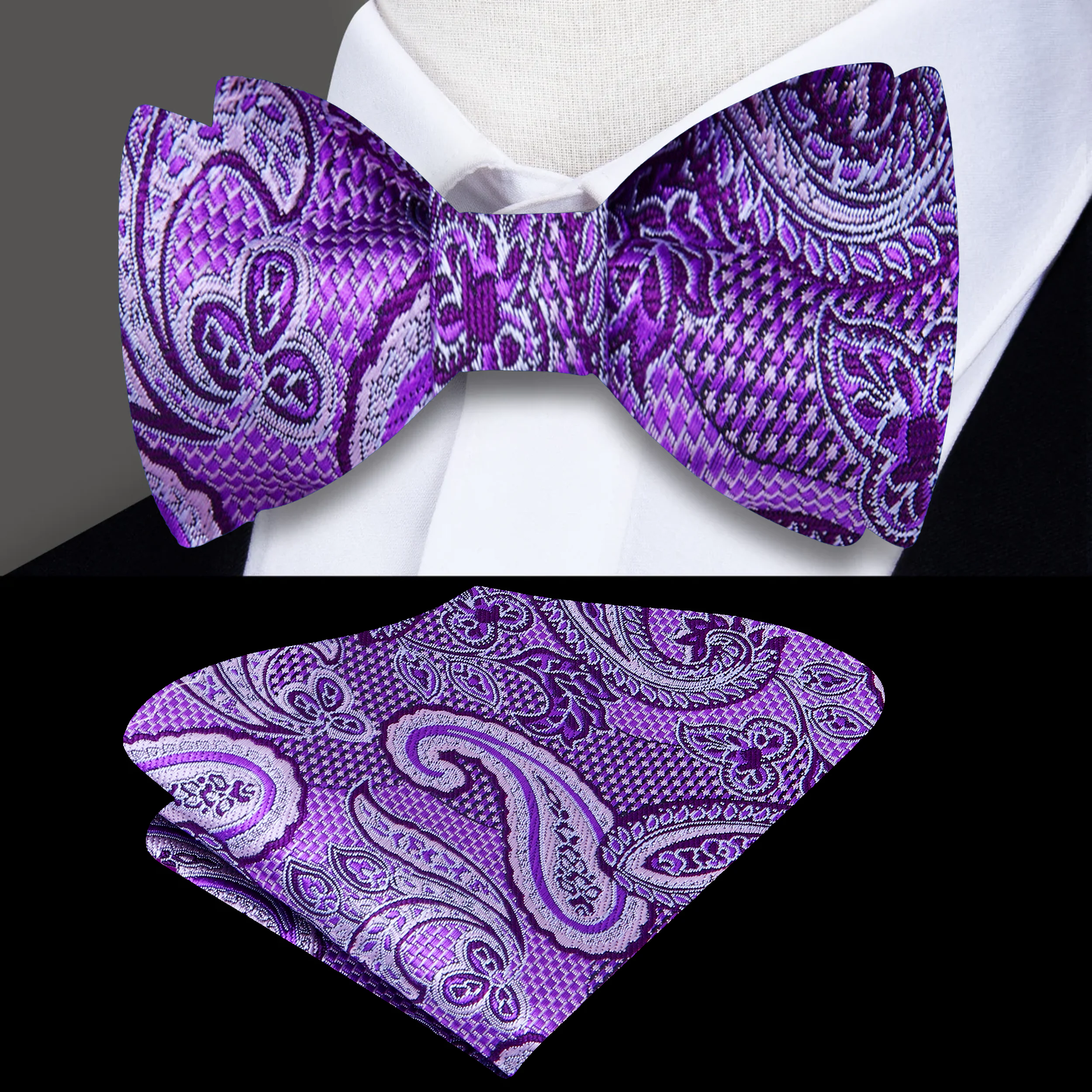 Self-tie bow tie styled with a crisp white shirt for formal events