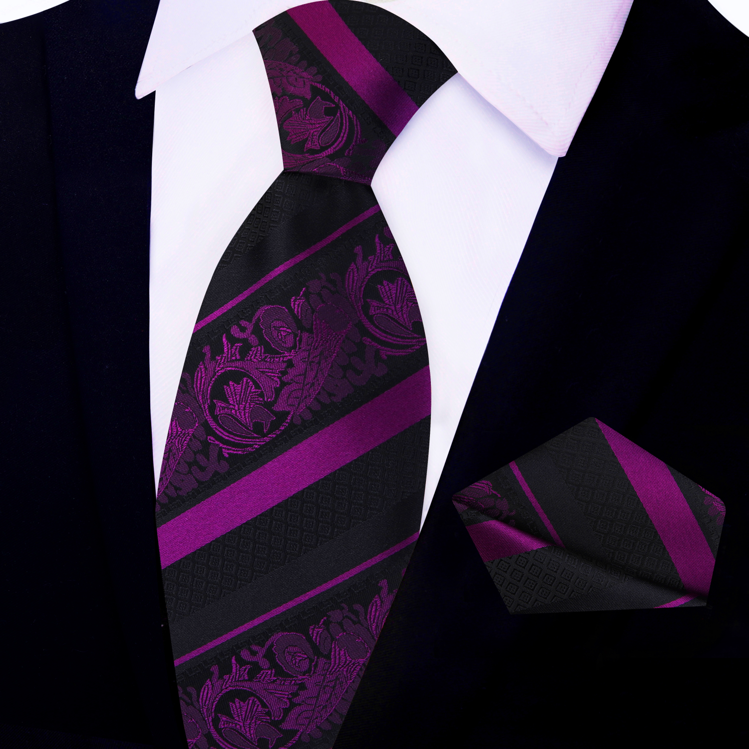 Close-up of the detailed paisley pattern on the silk tie for formal occasions