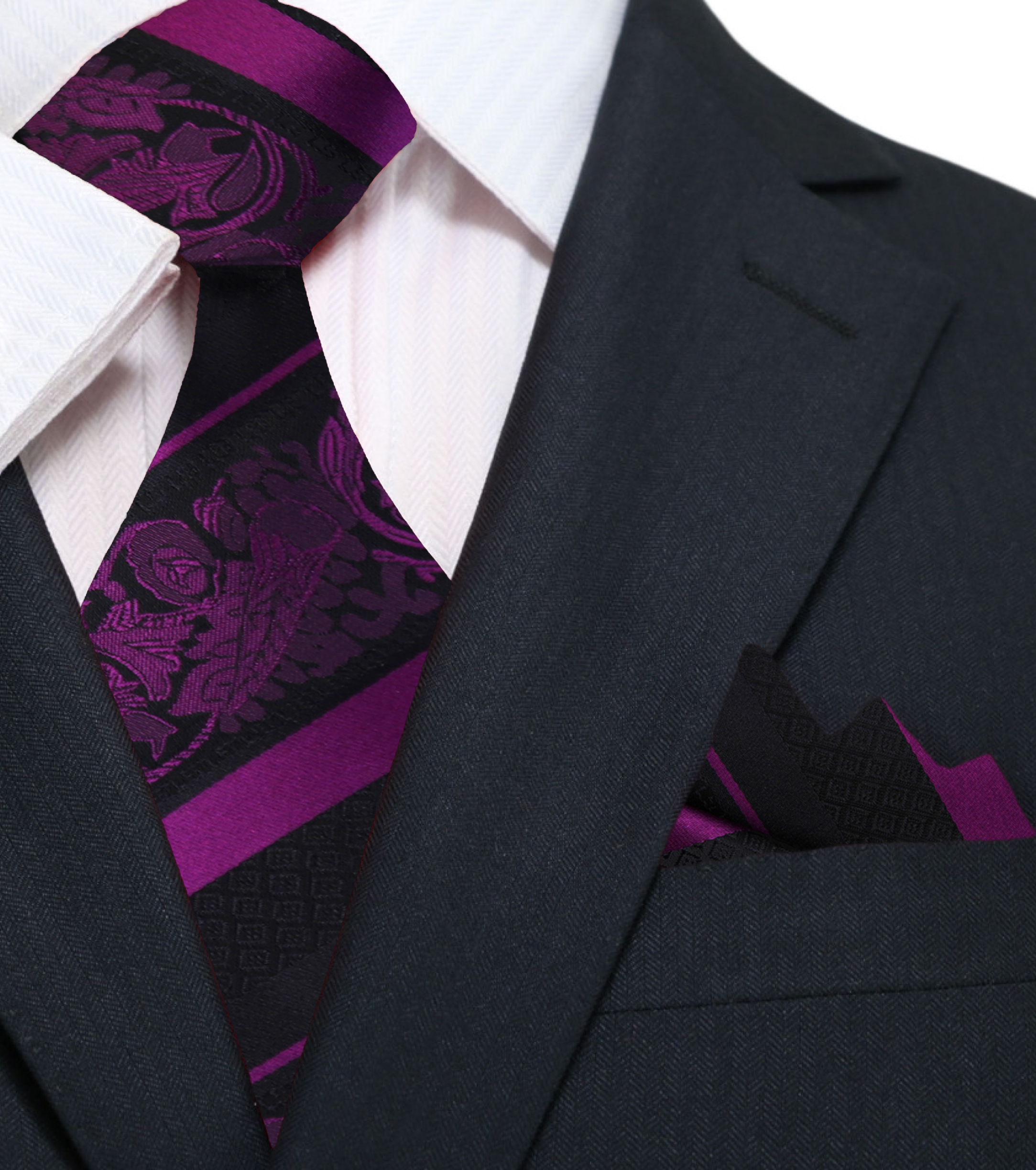 Styled outfit featuring the paisley silk tie with a white shirt and navy suit