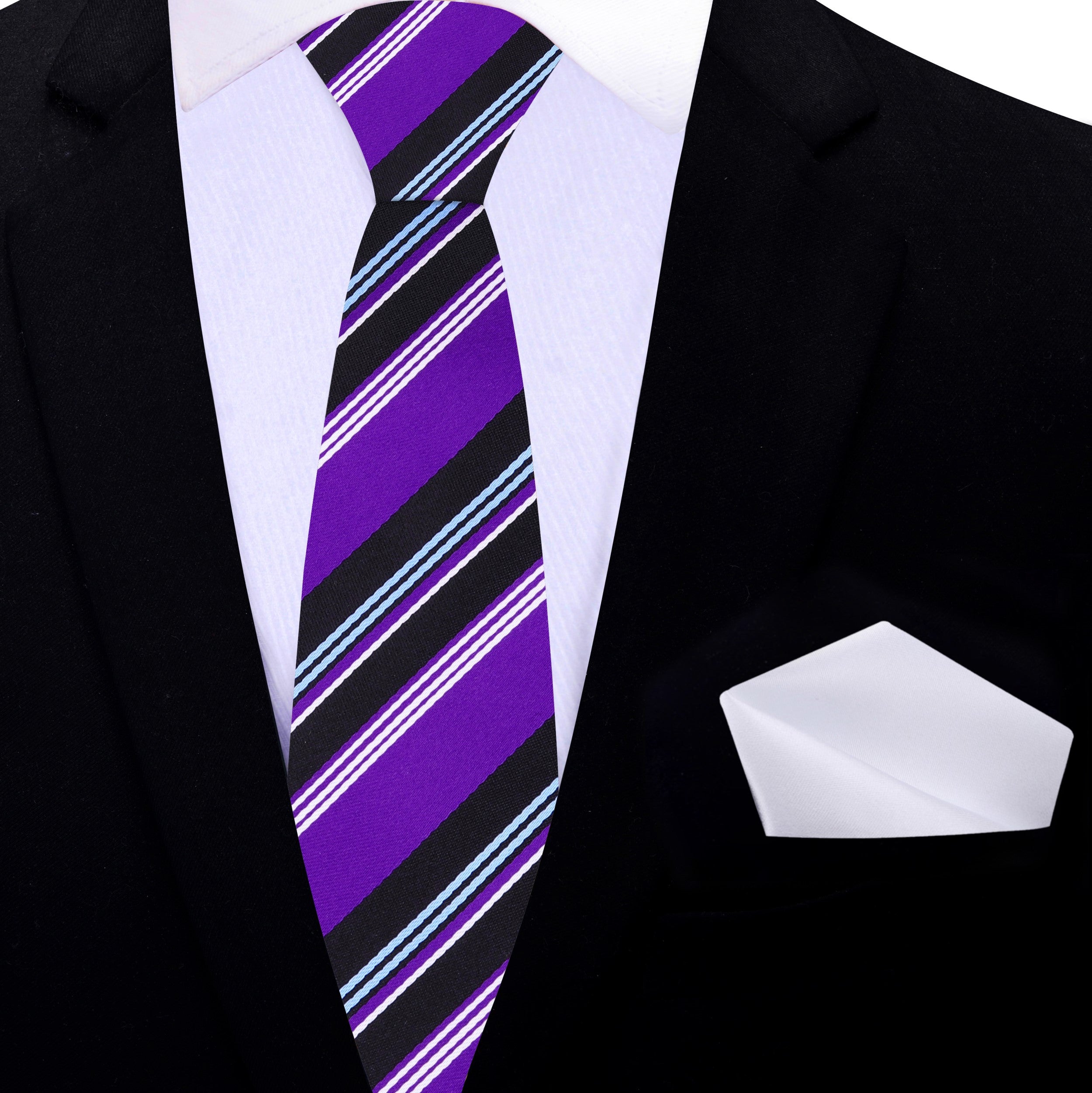 Vibrant striped silk necktie worn with a white dress shirt and navy suit