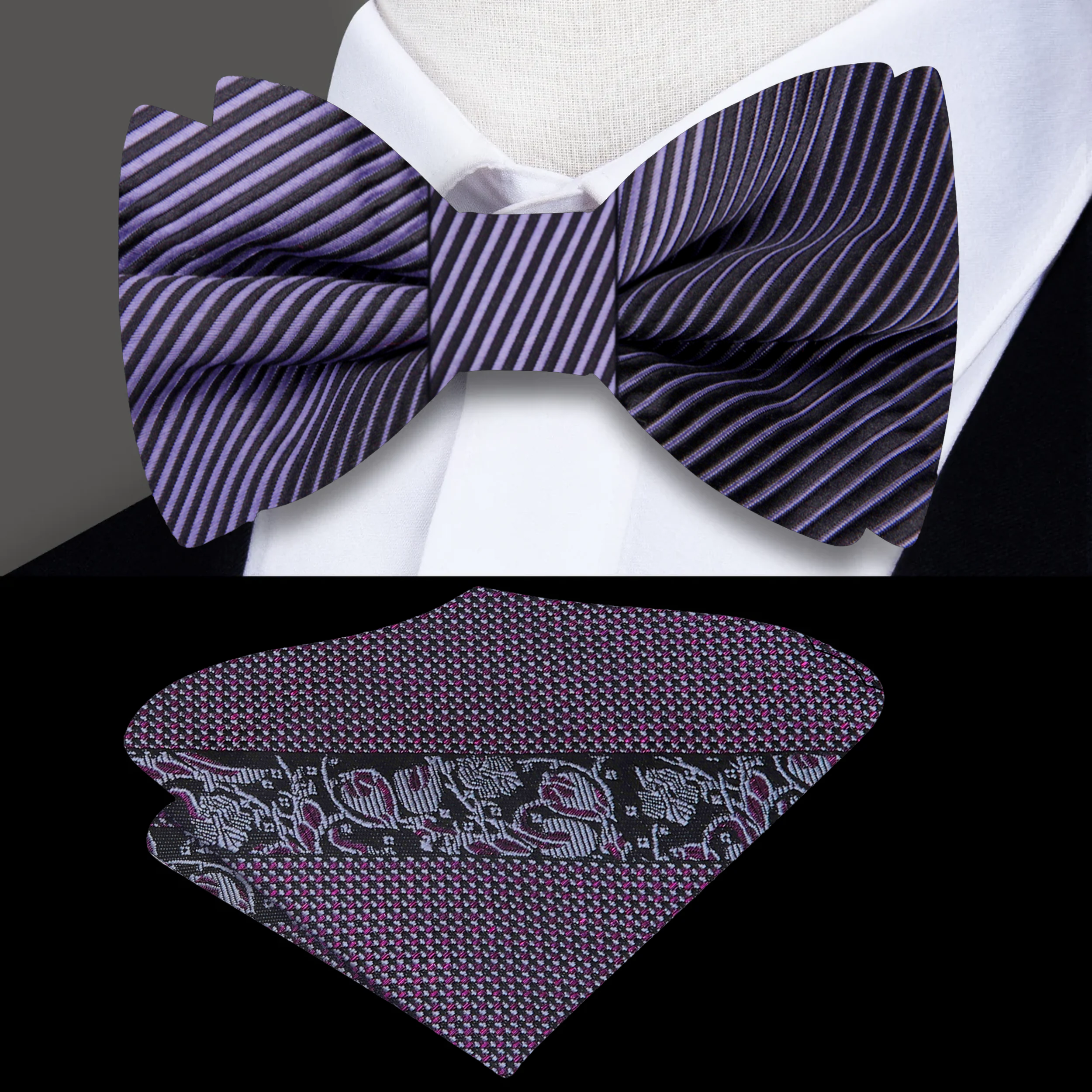 Front view of black and purple silk bow tie with wavy pattern for formal wear