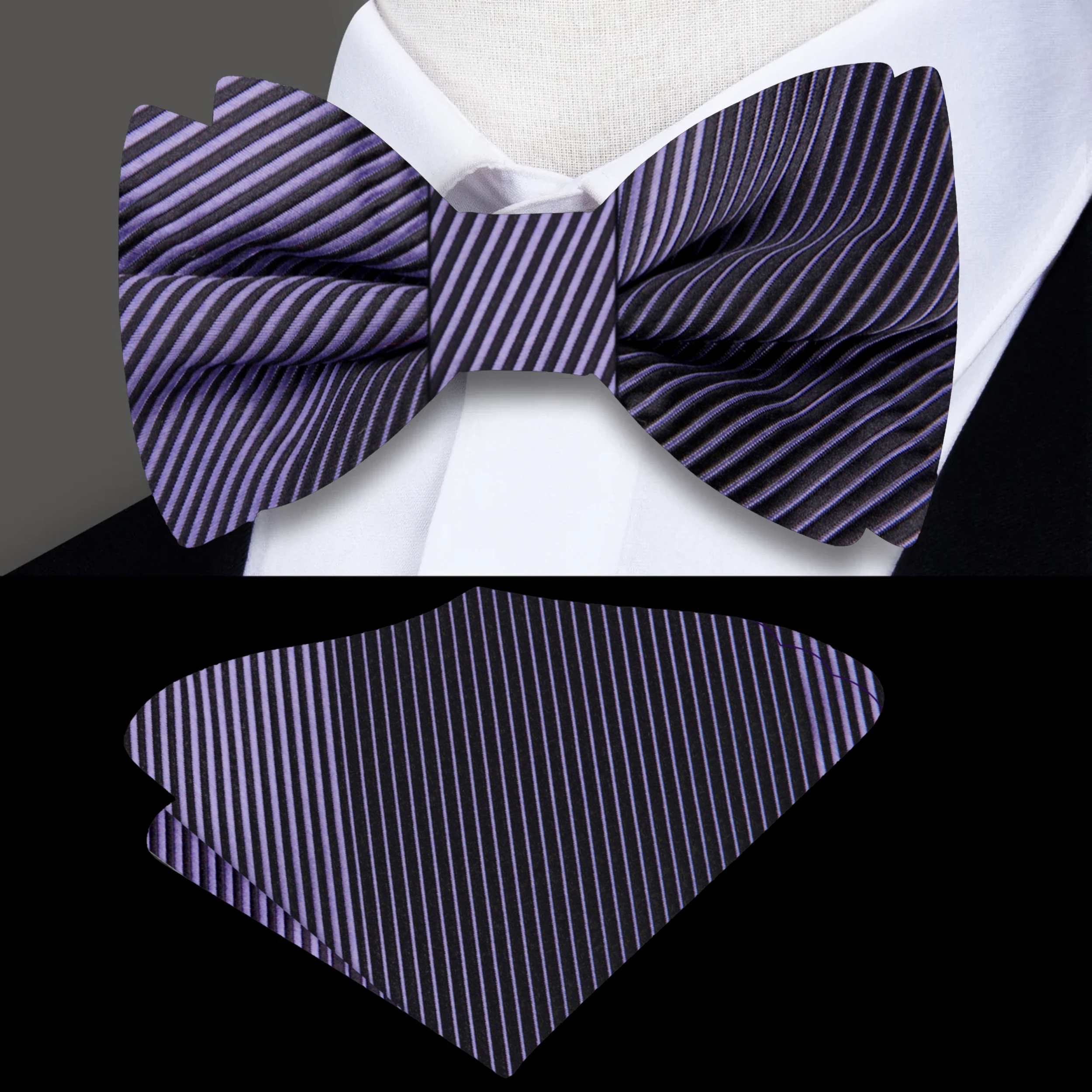 Styled with a white dress shirt, black and purple bow tie for wedding attire