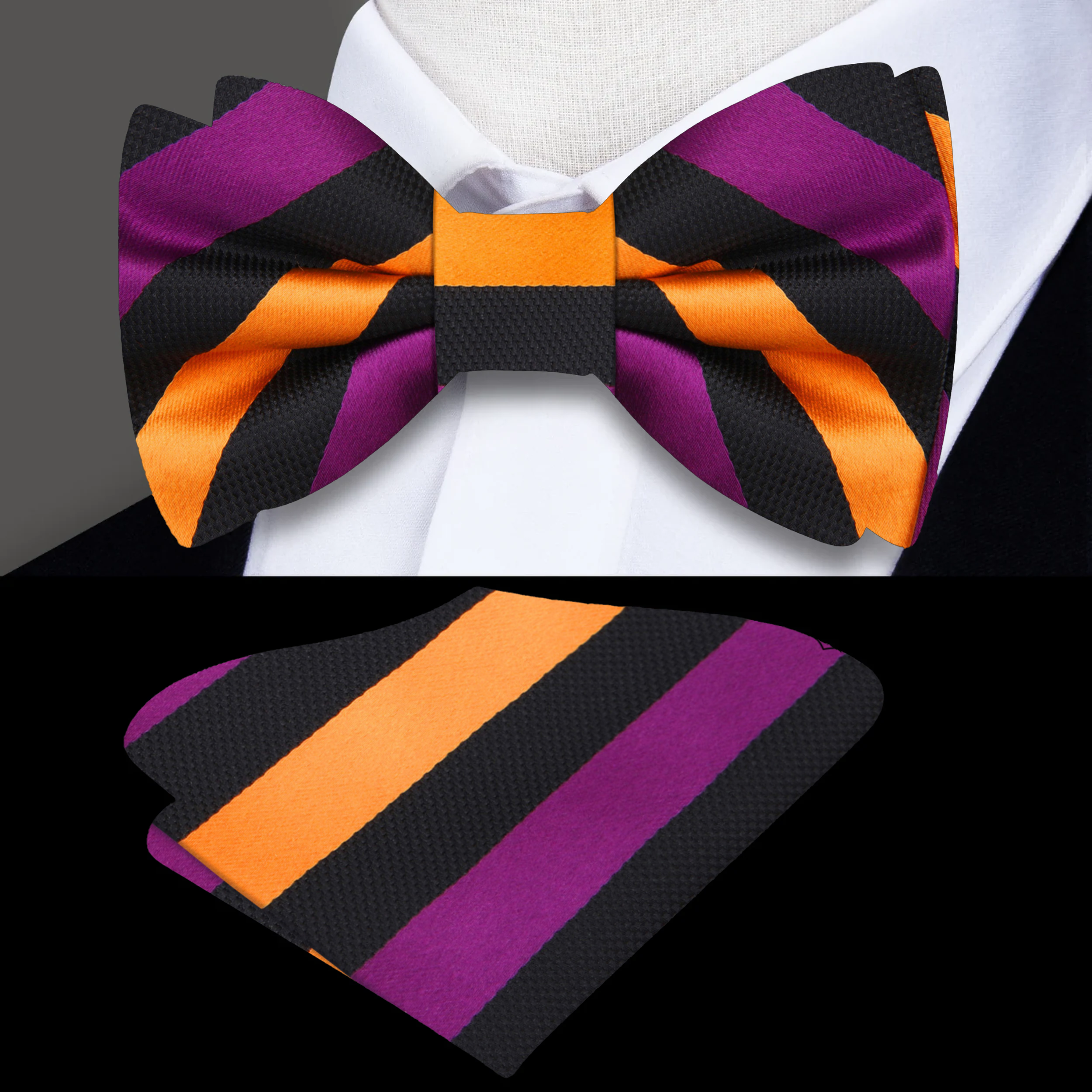 Close-up of a purple and gold stripe bow tie on a mannequin, showcasing detailed silk fabric and vibrant colors.