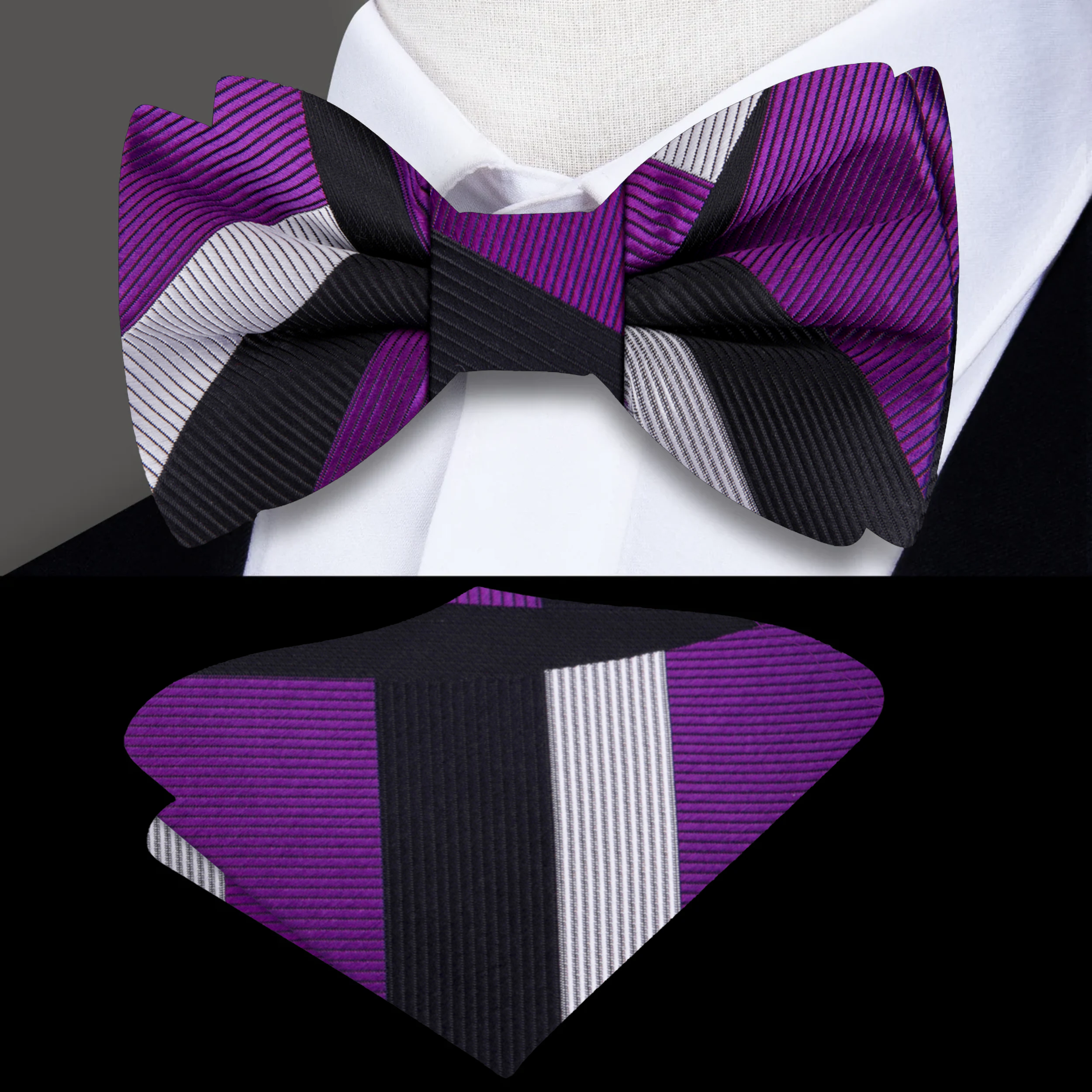 Close-up of pre-tied kids bow tie with abstract pattern in silver for ages 0-11