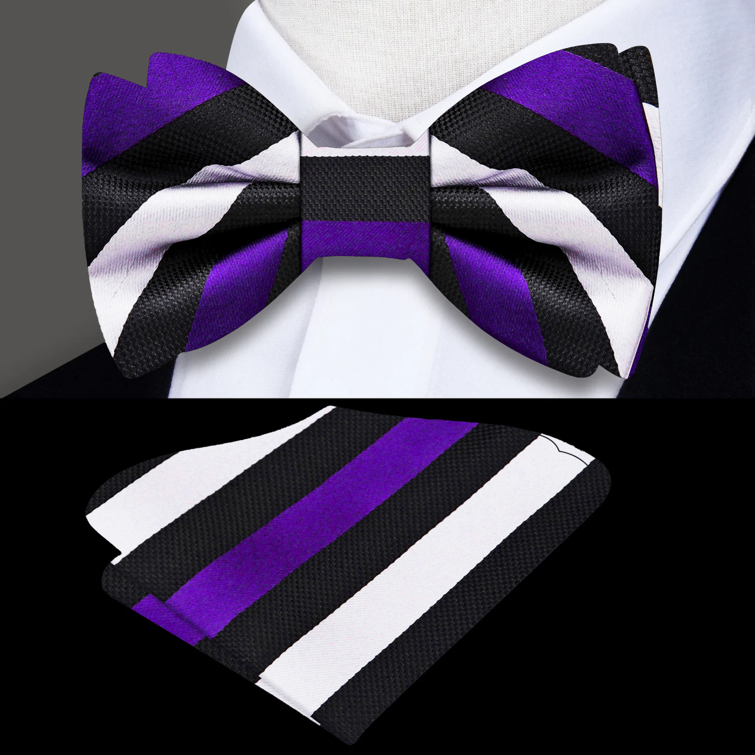 Man adjusting his bow tie at a wedding, featuring a black and white stripe pattern for a classic look.