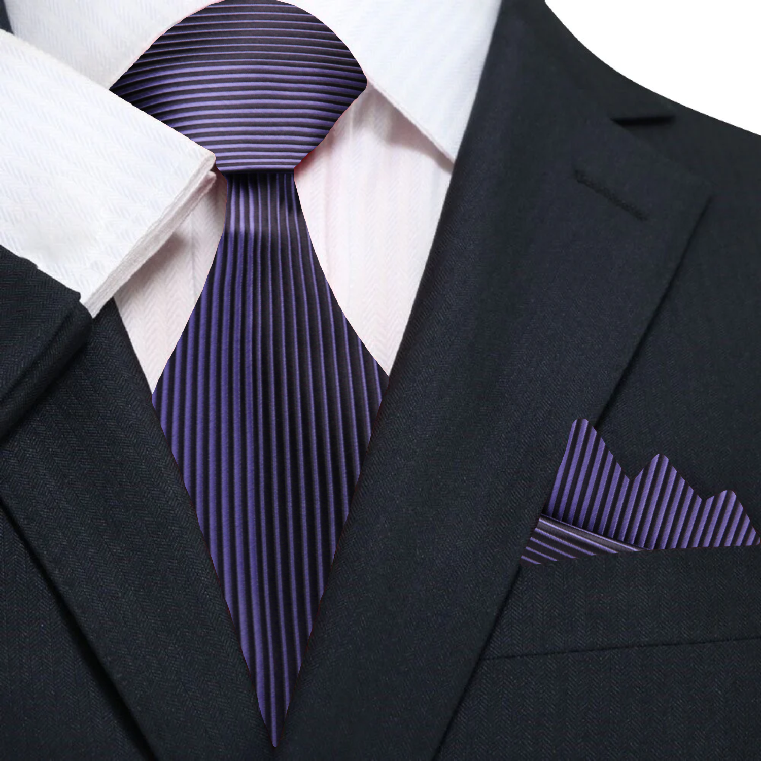 Close-up of a black silk necktie showcasing its metallic purple stripe pattern.