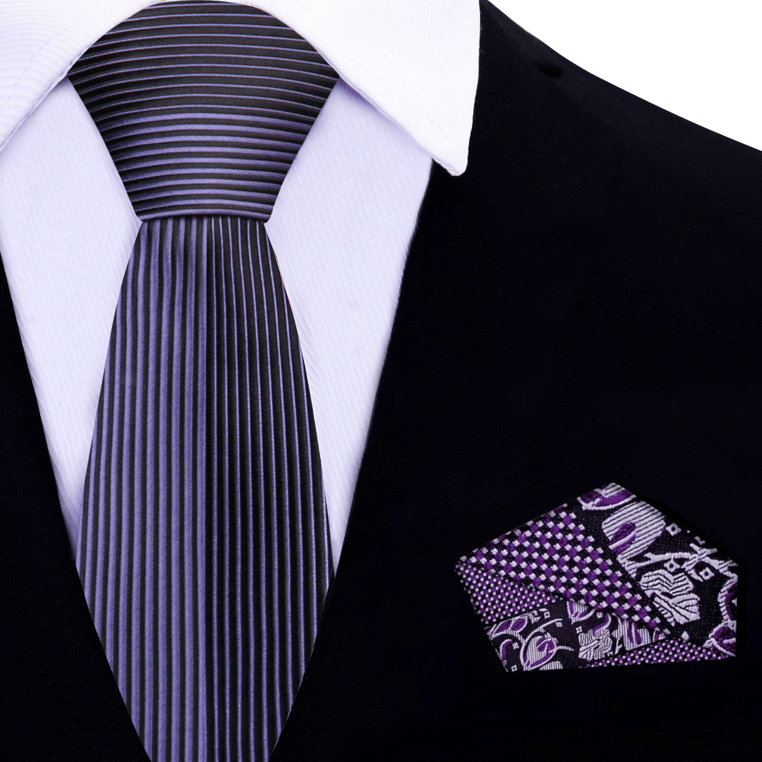 Black silk necktie with metallic purple stripes styled with a suit.