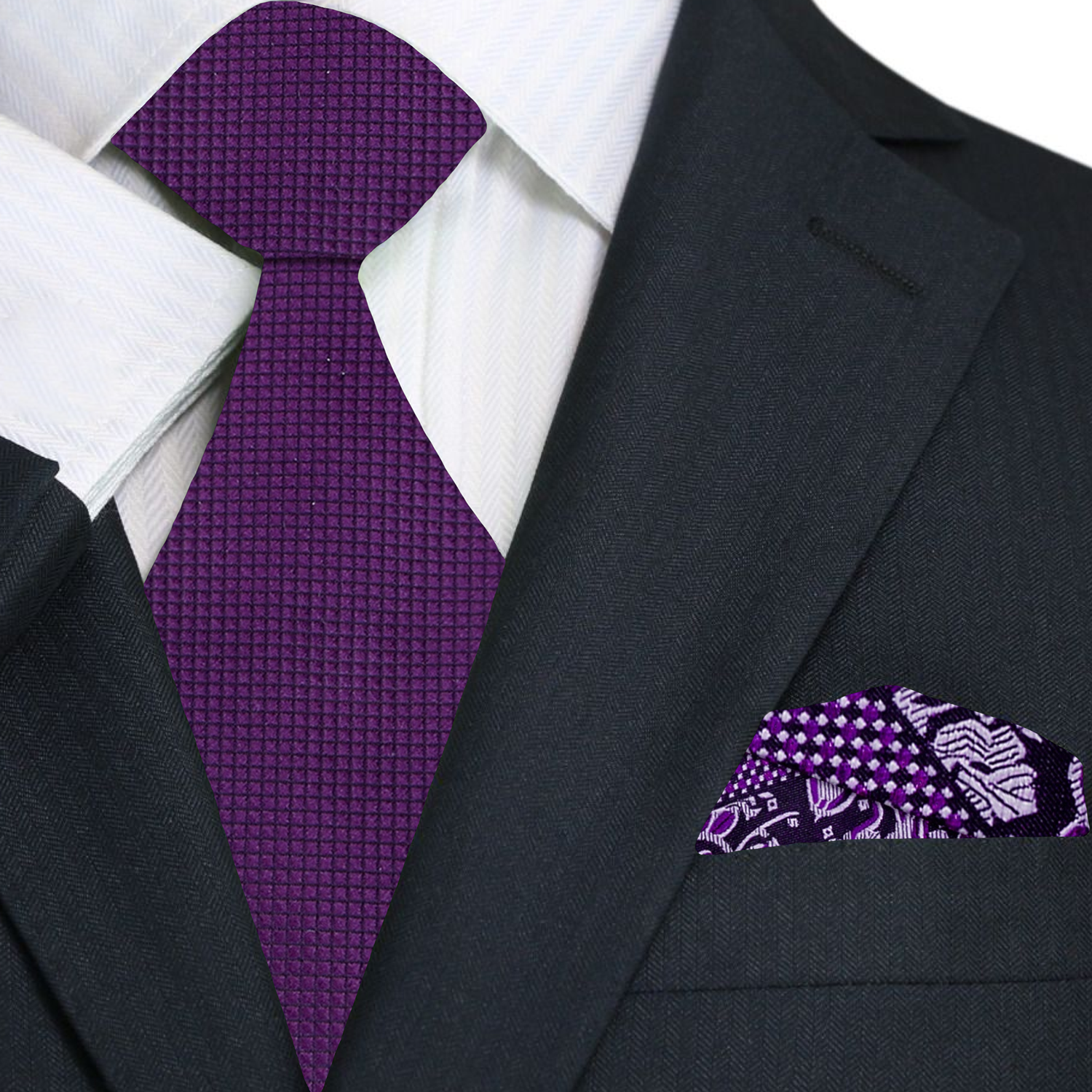Man wearing a purple silk necktie with a white dress shirt for a wedding or formal event