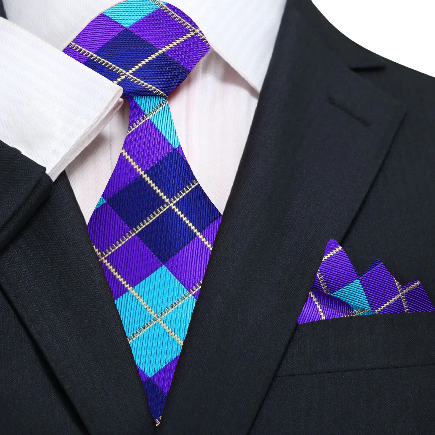 Front view of the blue and purple argyle silk necktie, showcasing the pattern