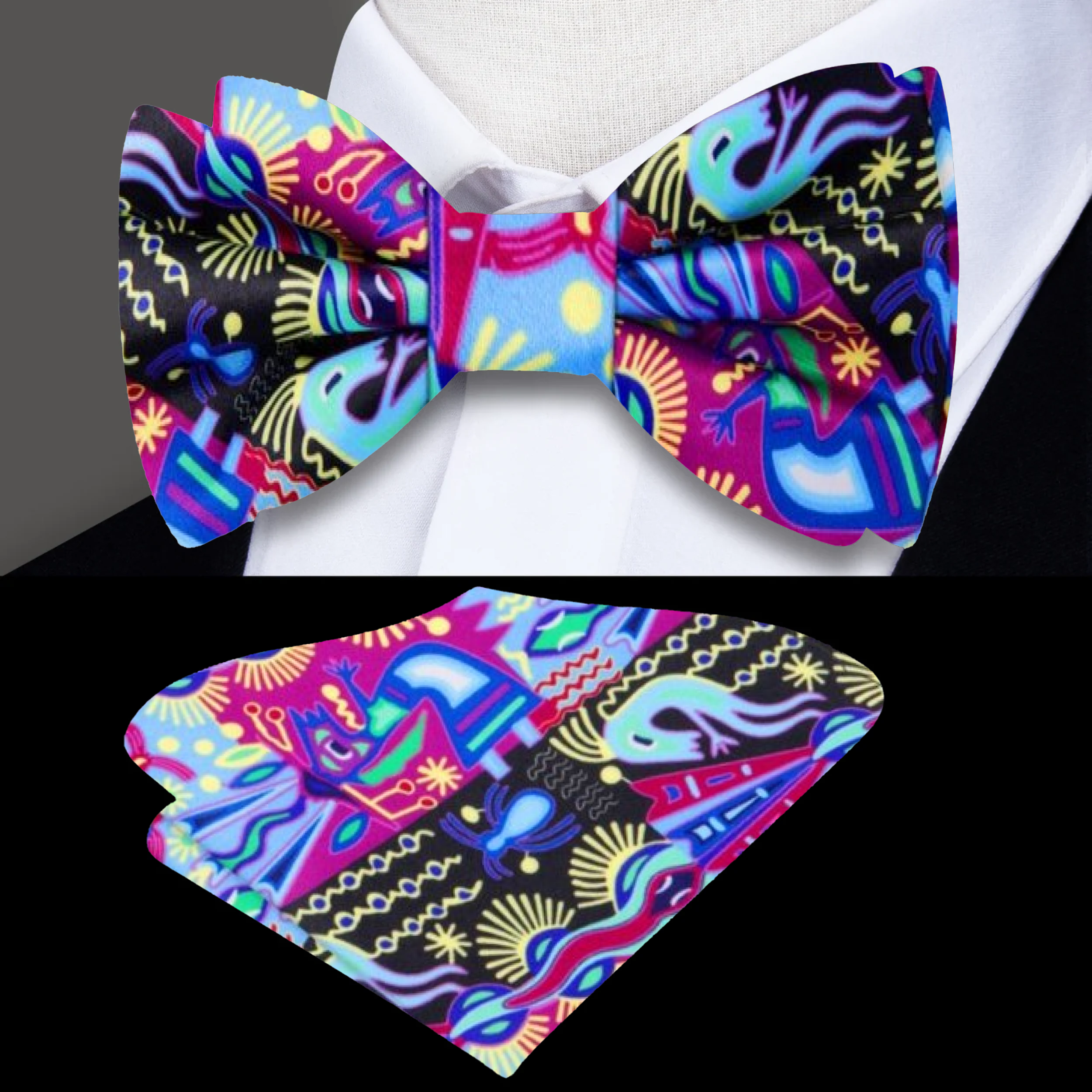 Vibrant southwestern silk bow tie showcasing intricate patterns, perfect for art gallery events.