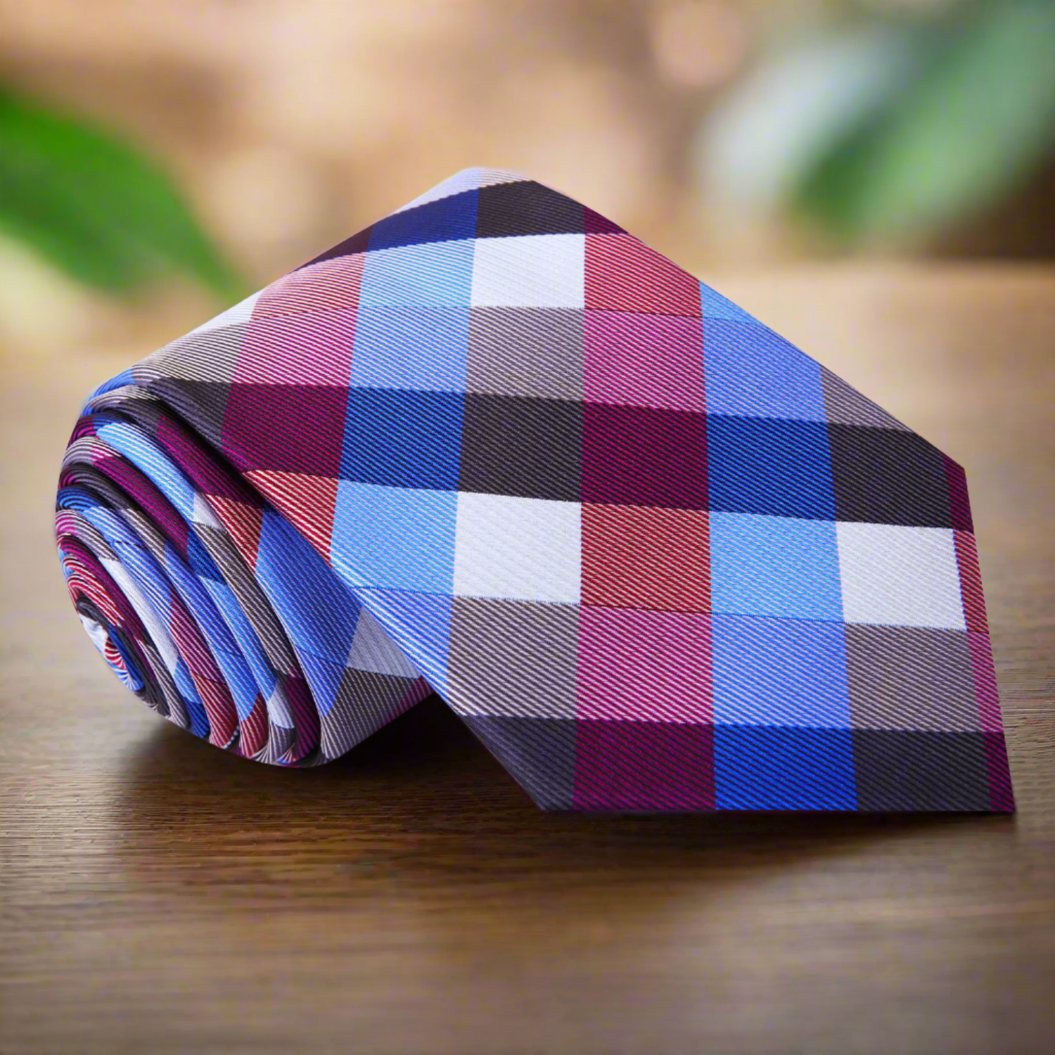 Elegant checkered silk necktie in purple and blue with matching pocket square.
