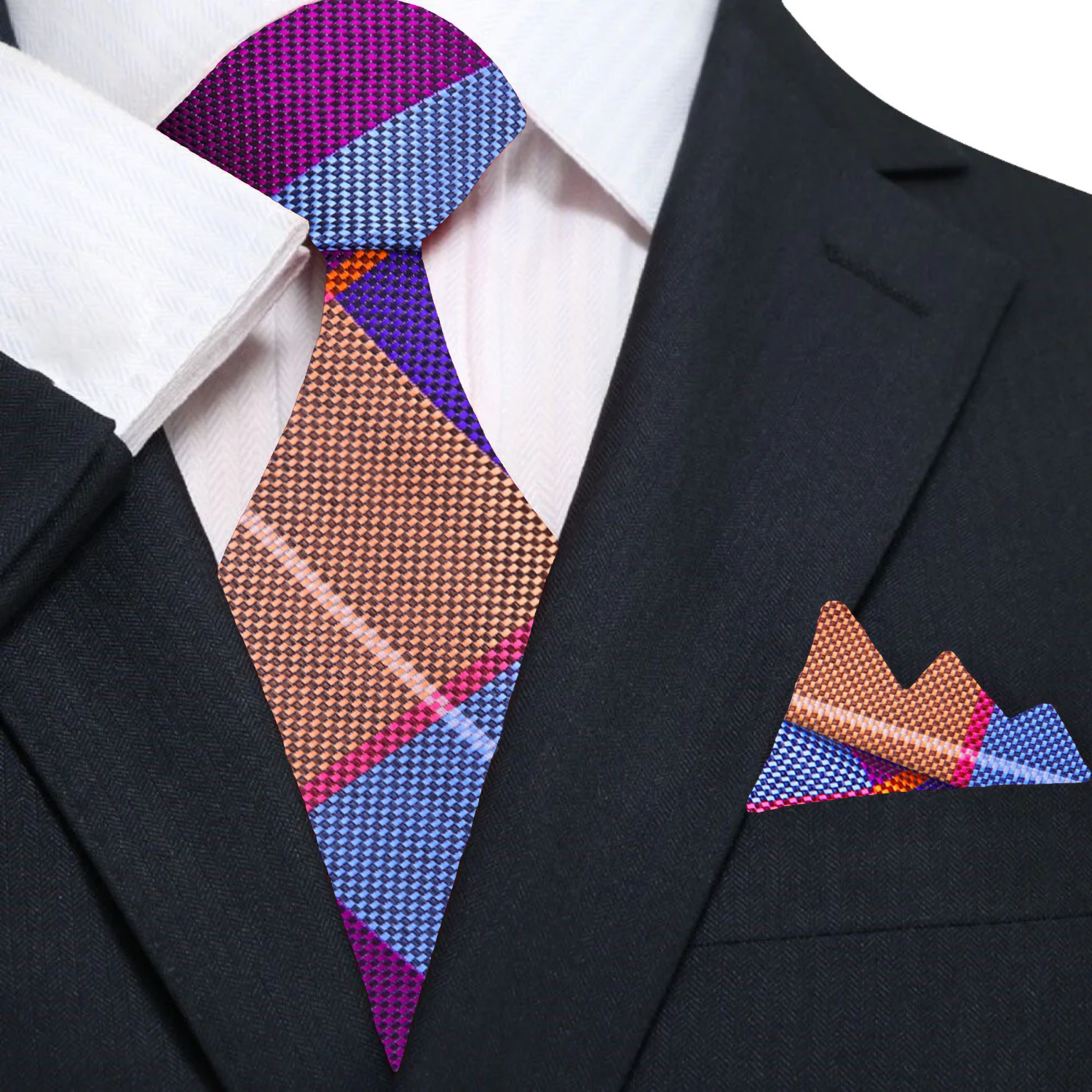 Close-up of men's dark blue plaid silk tie showing detailed pattern