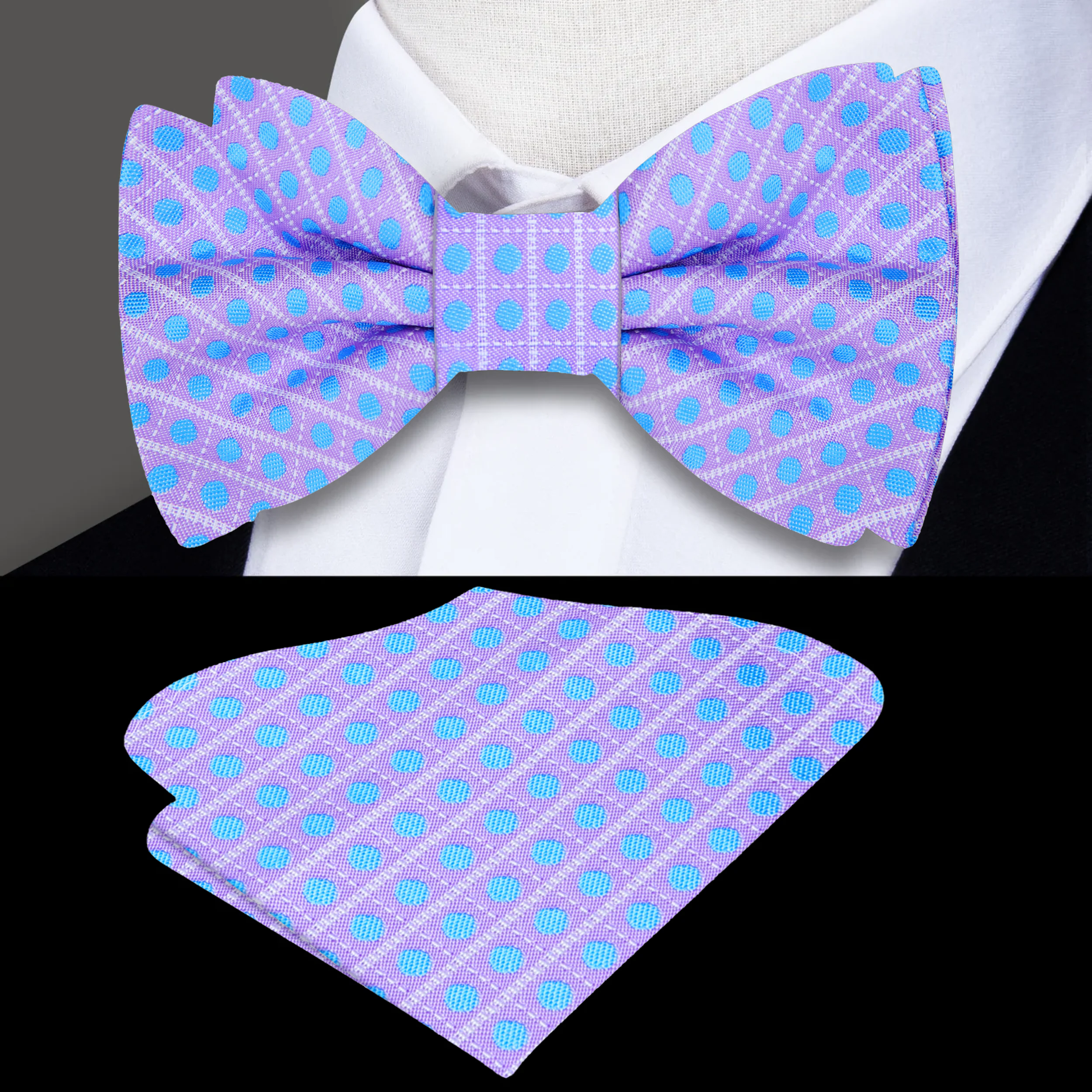 Close-up of silk bow tie with light purple base and scattered blue dots