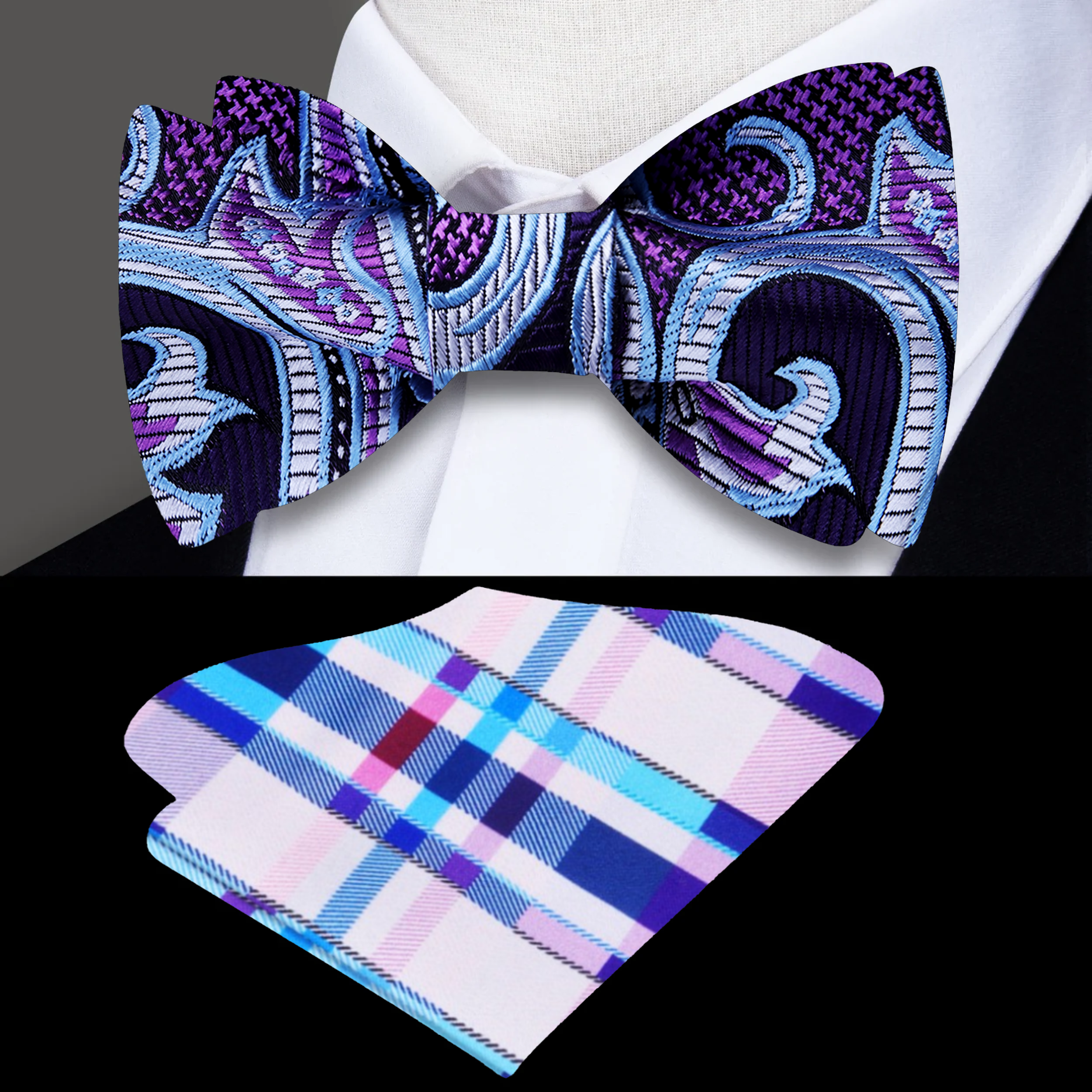 Close-up view of the purple paisley self-tie bow tie showcasing intricate design and color details.