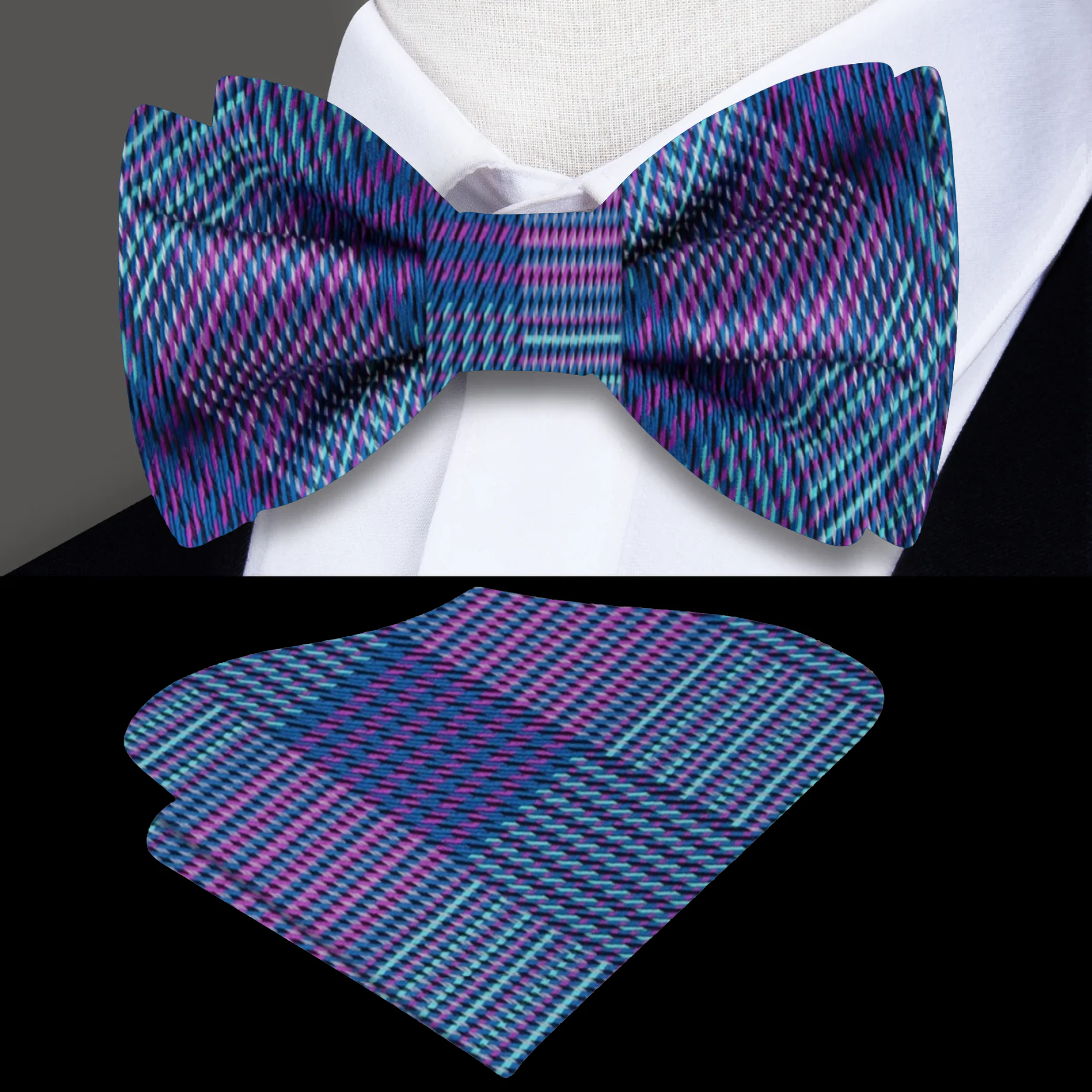 Close-up of the elegant plaid design on the silk bow tie.