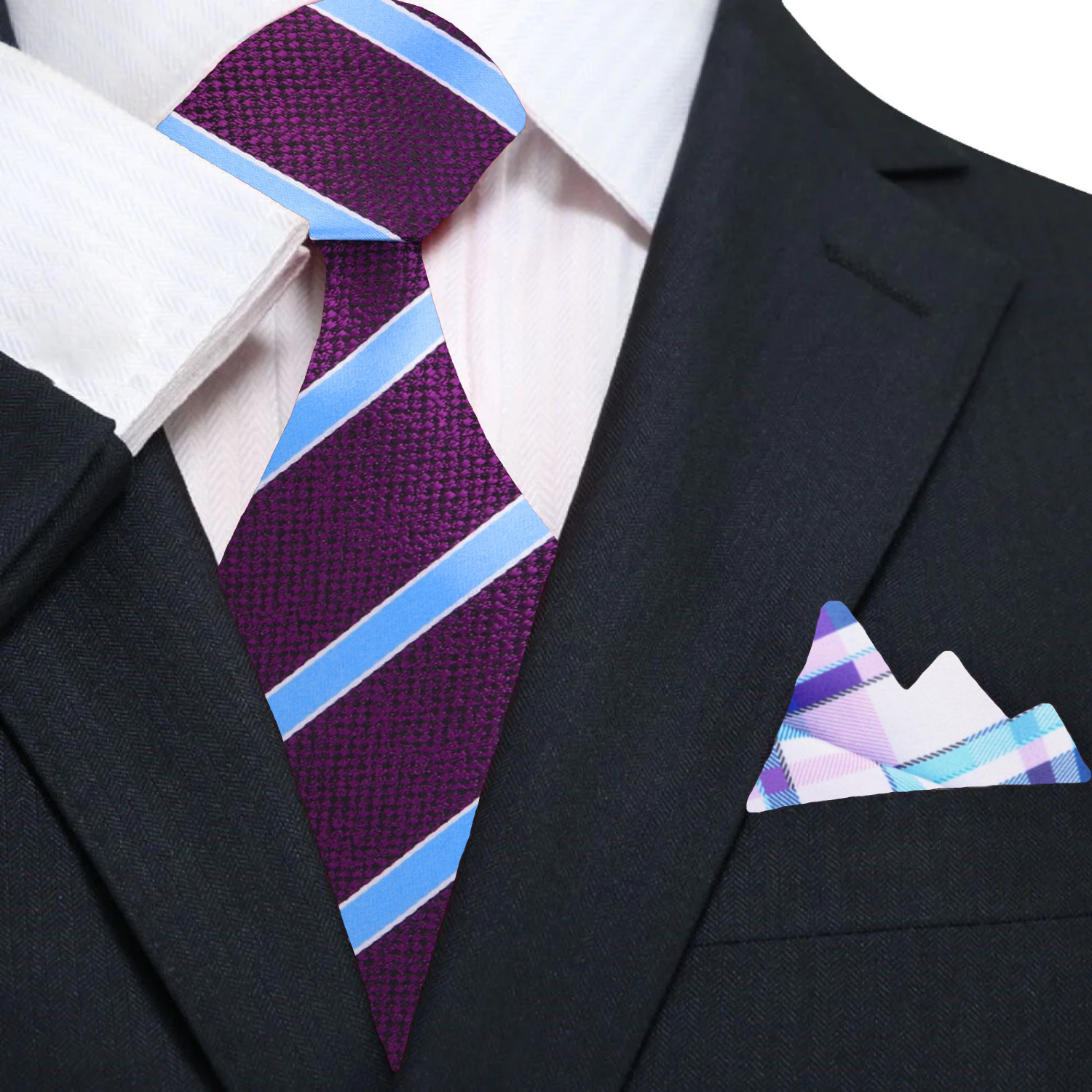 Close-up of the Cedar Park neckties silk texture and deep purple, light blue stripes.