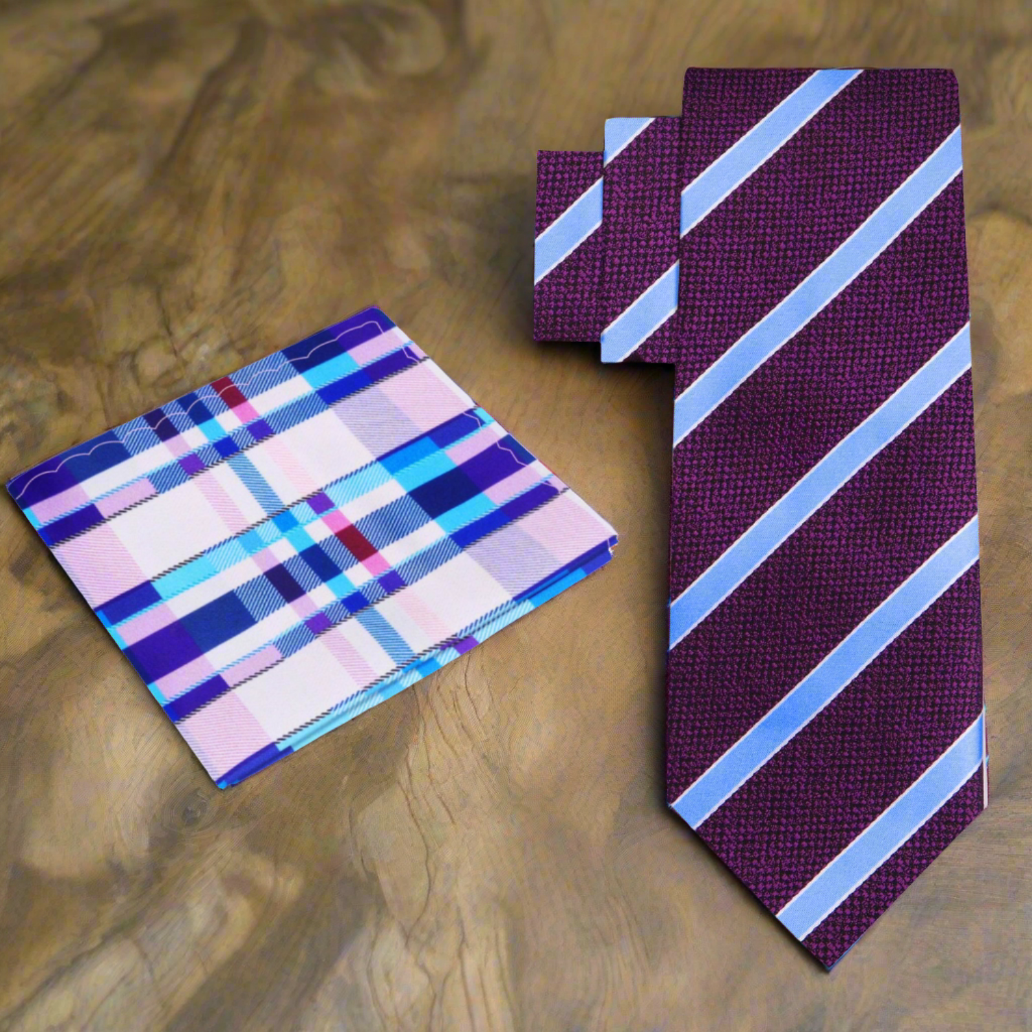 Cedar Park Stylish Necktie displayed against a navy suit, showcasing its elegant stripe pattern.