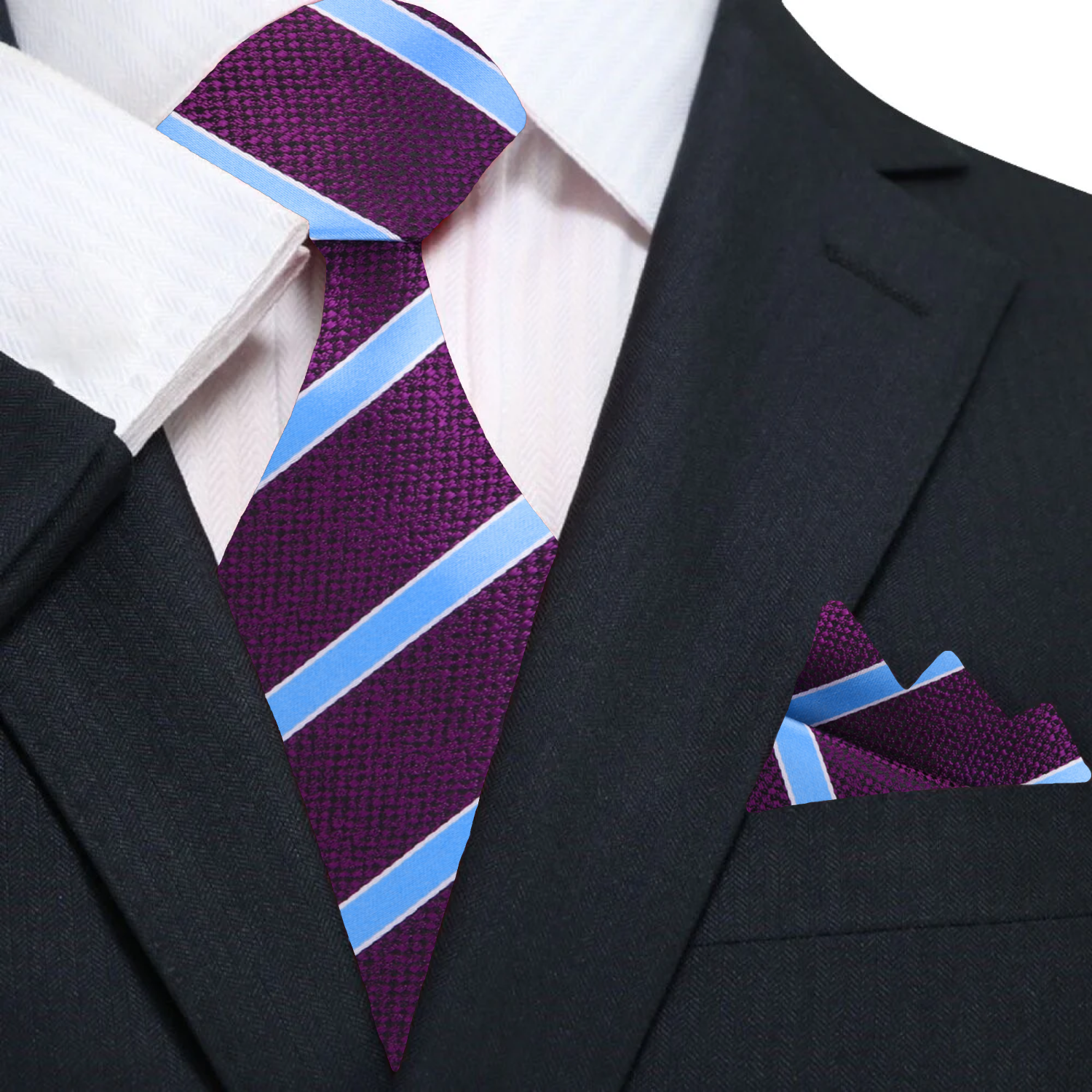 Close-up of the Cedar Park neckties silk texture and deep purple, light blue stripes.