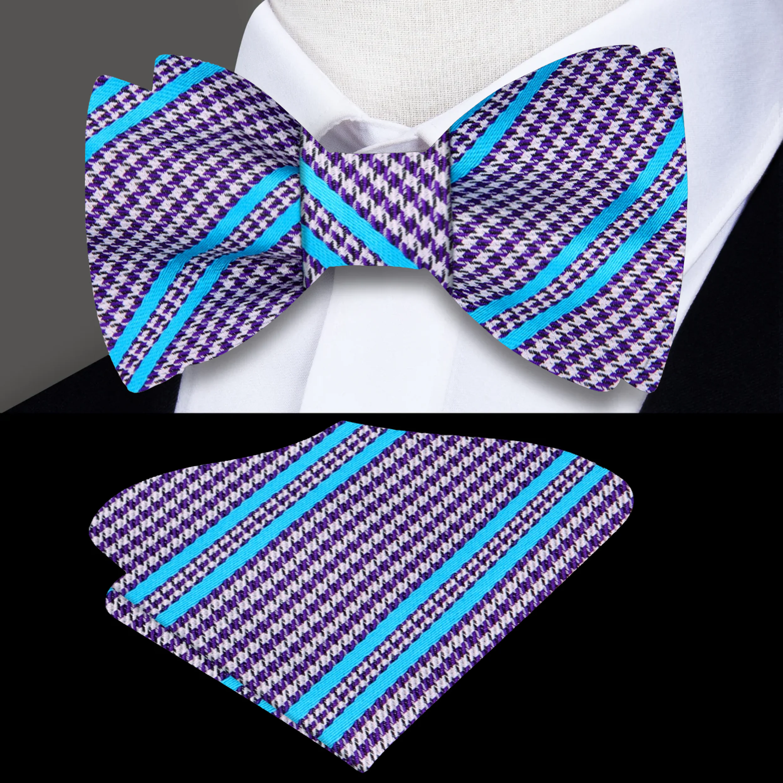 Luxury light grey silk bow tie showcased with matching pocket square, perfect for weddings.