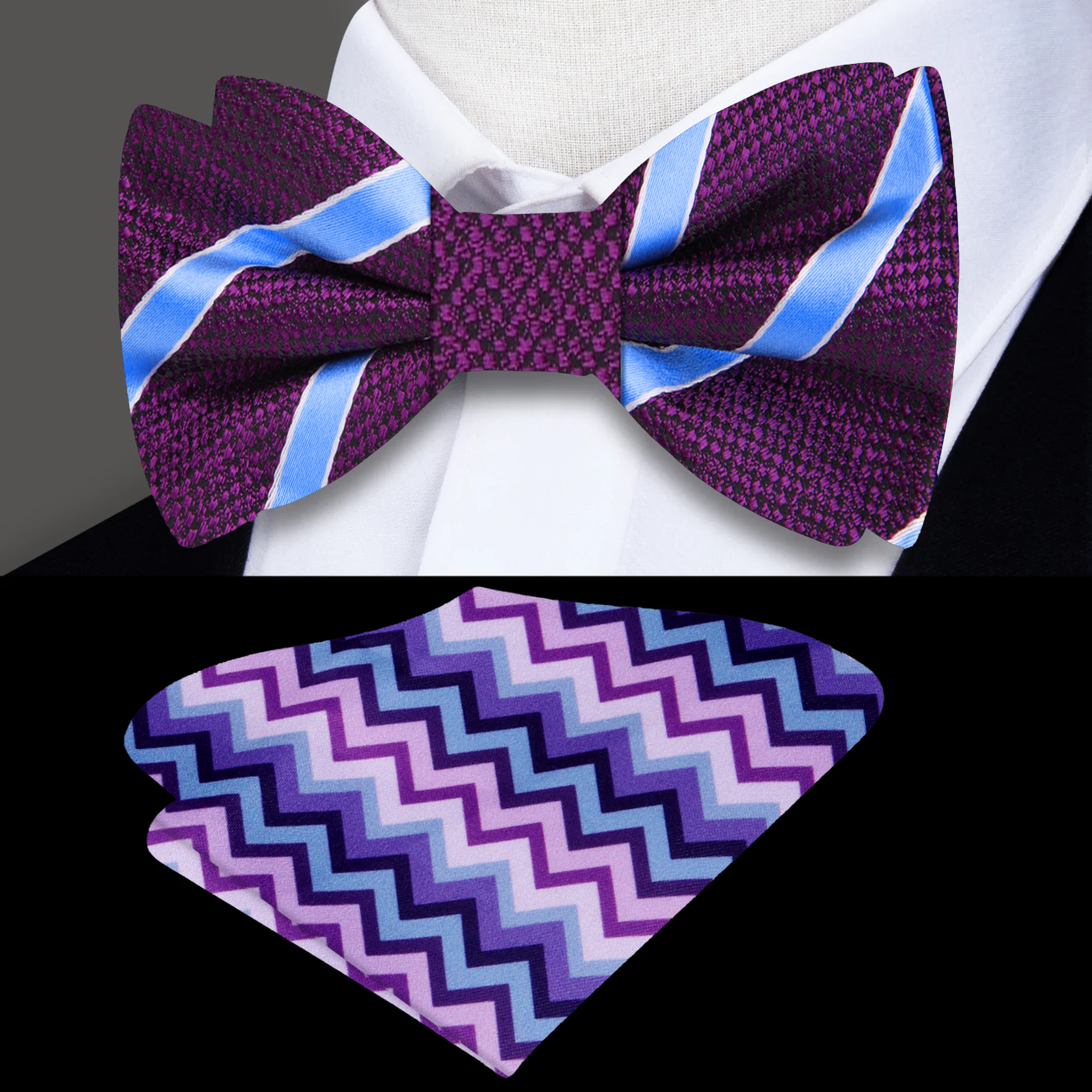 Elegant purple striped bow tie with light blue accents, styled with a suit