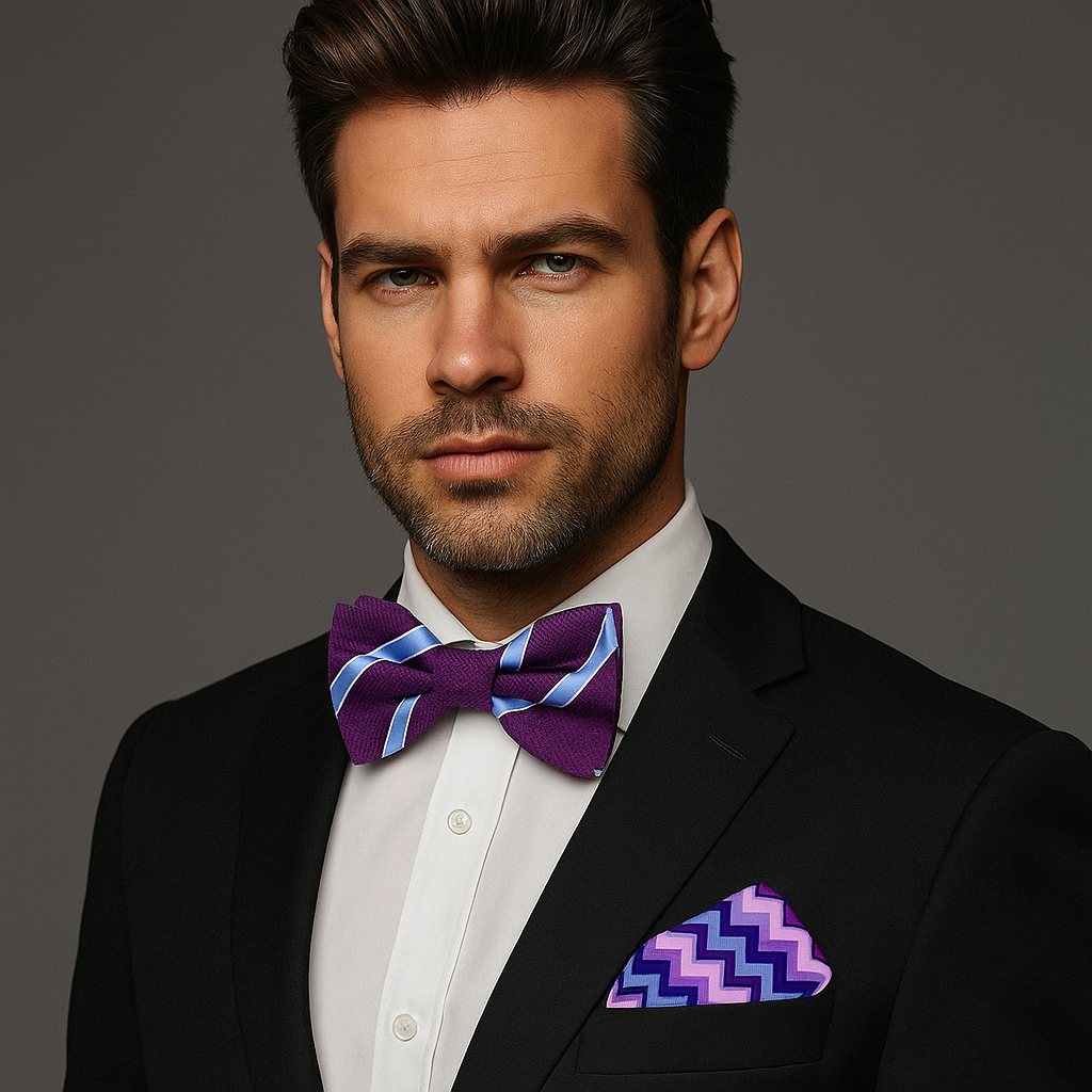 Man adjusting a stylish purple bow tie with pocket square for a wedding