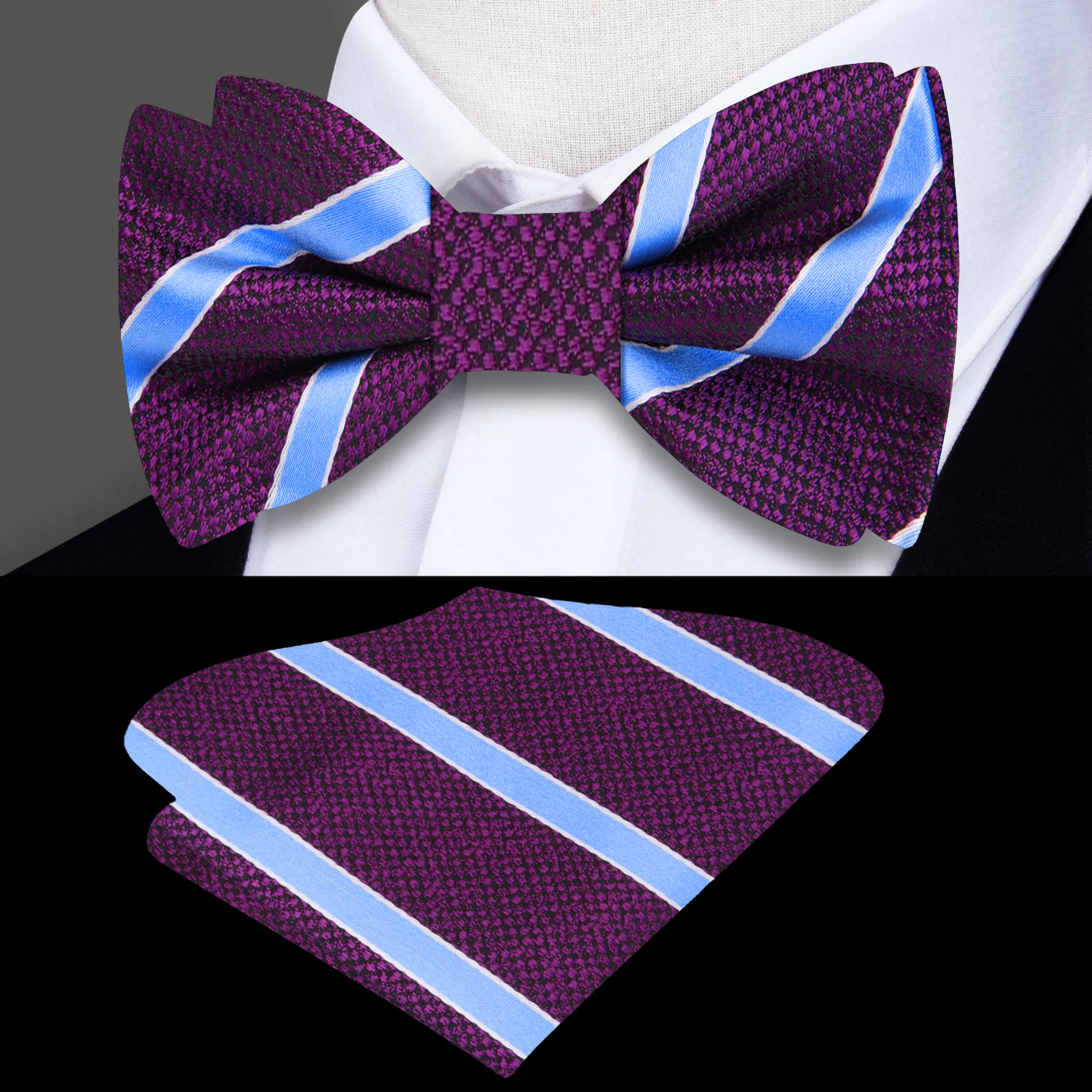 Close-up of silk purple bow tie with light blue stripe pattern and matching pocket square