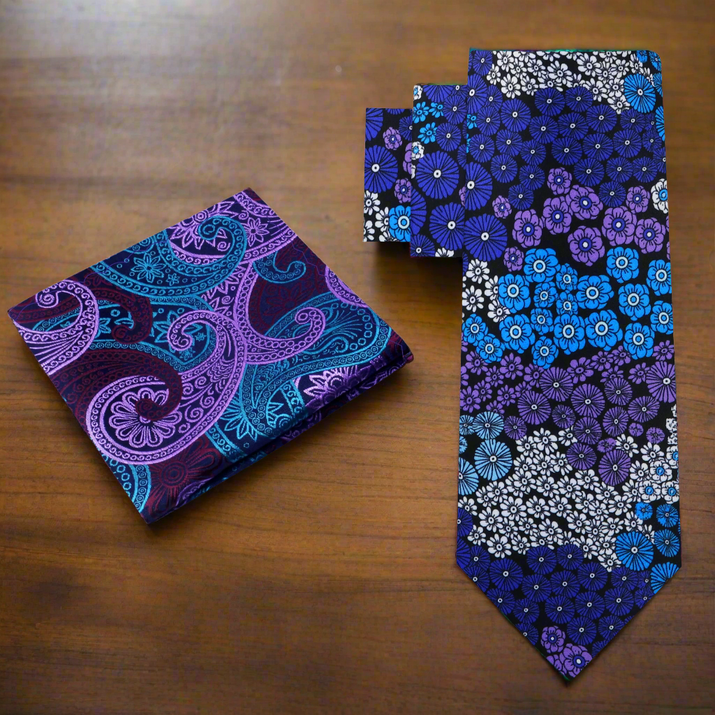Mens floral silk necktie with purple and blue small flowers, front view