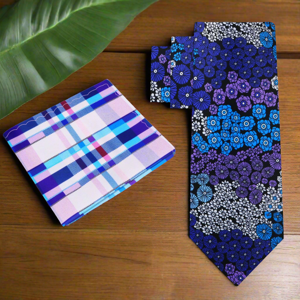Mens floral silk necktie with purple and blue small flowers, front view