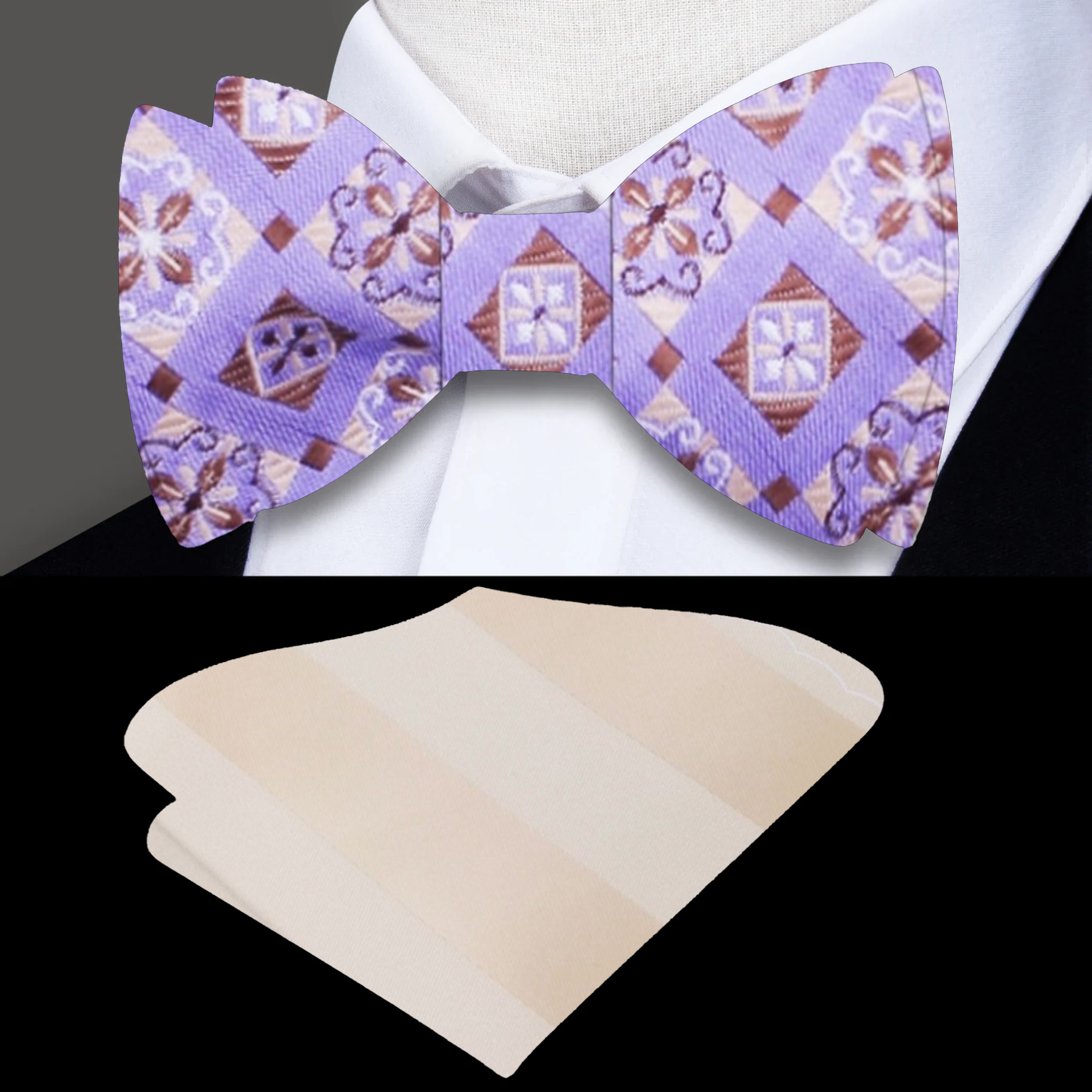 Model wearing a geometric bow tie with a white dress shirt at a wedding