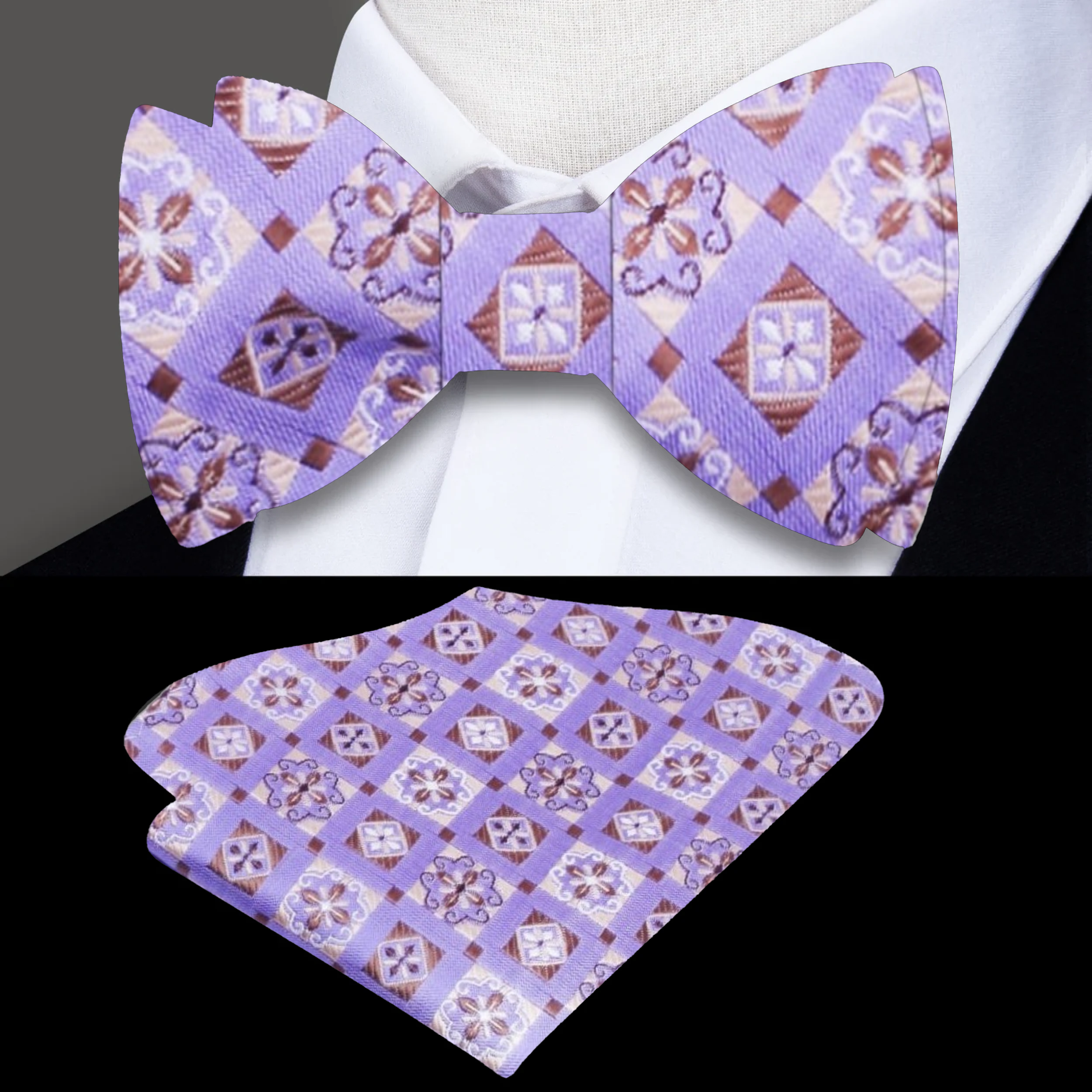 Close-up of the silk fabric pattern on a geometric bow tie for formal events