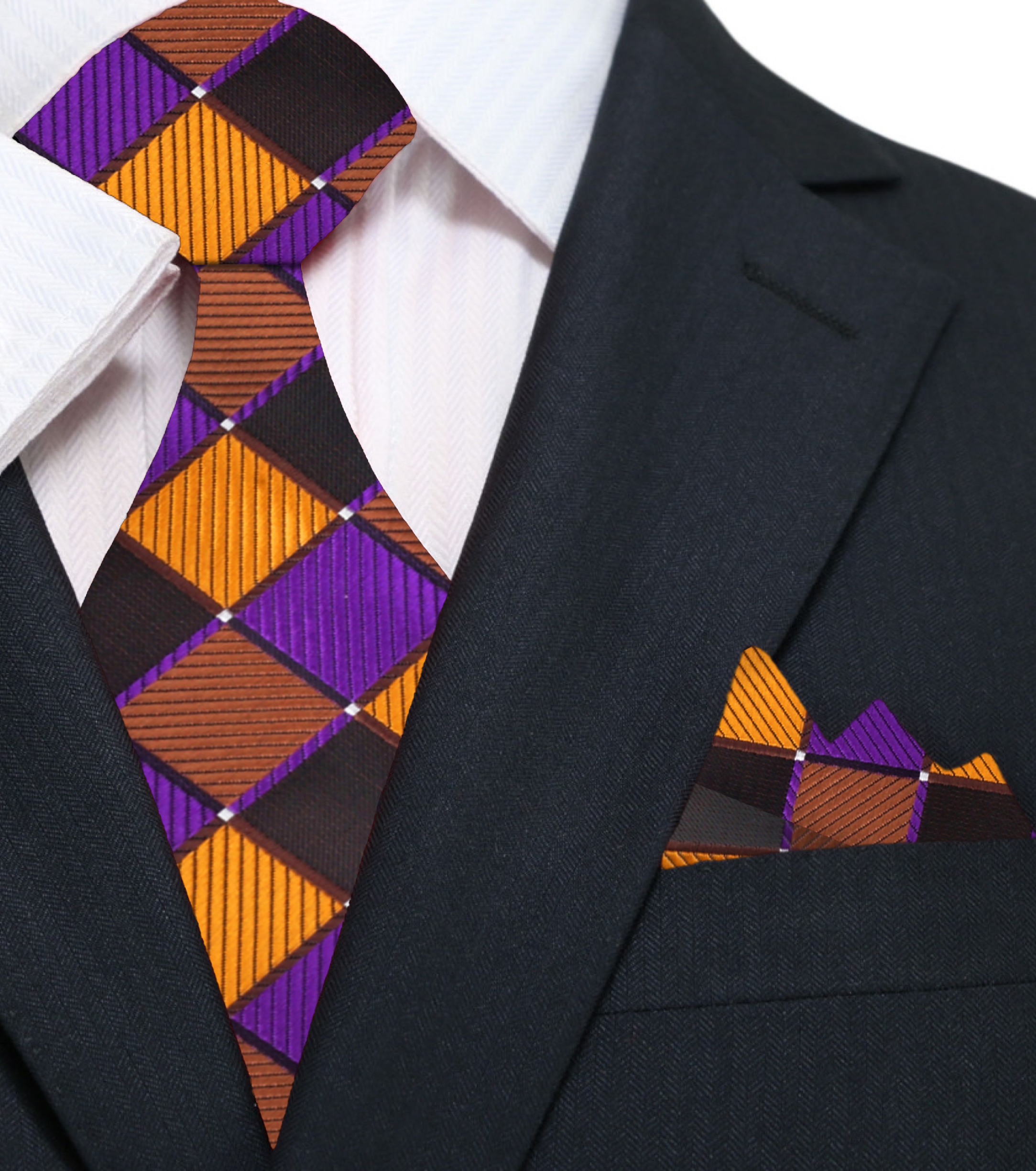 Stylish presentation of the brown and gold tie paired with a crisp white dress shirt, ideal for formal events.