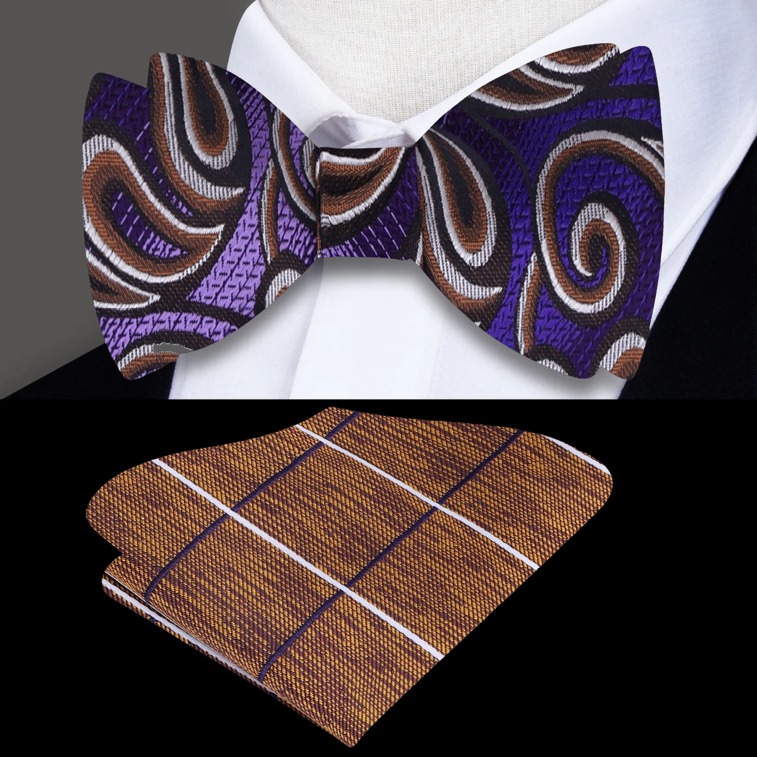 Elegant purple paisley self-tie bow tie against a crisp white background, highlighting its rich colors.