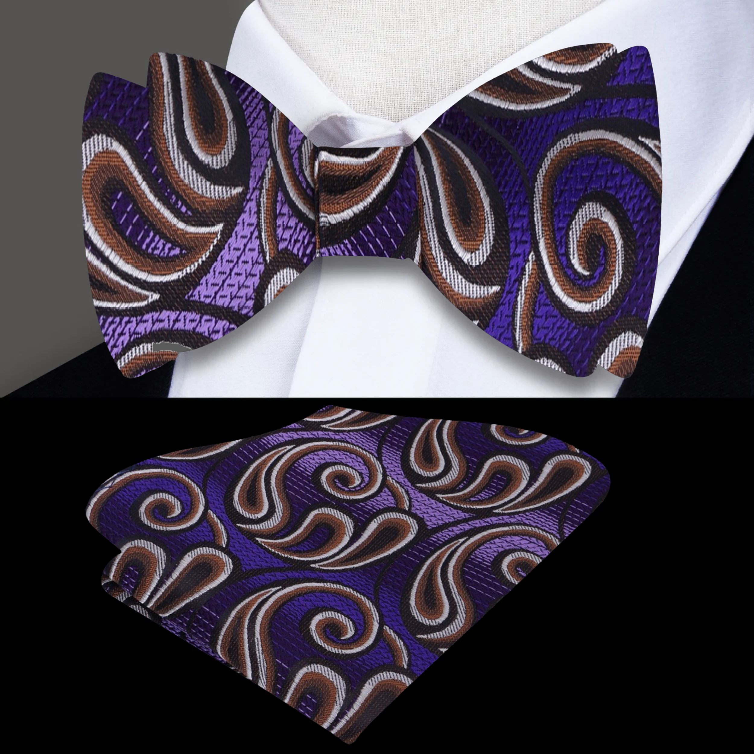 Close-up of the purple paisley bow tie showcasing its soft brown and light paisley pattern.