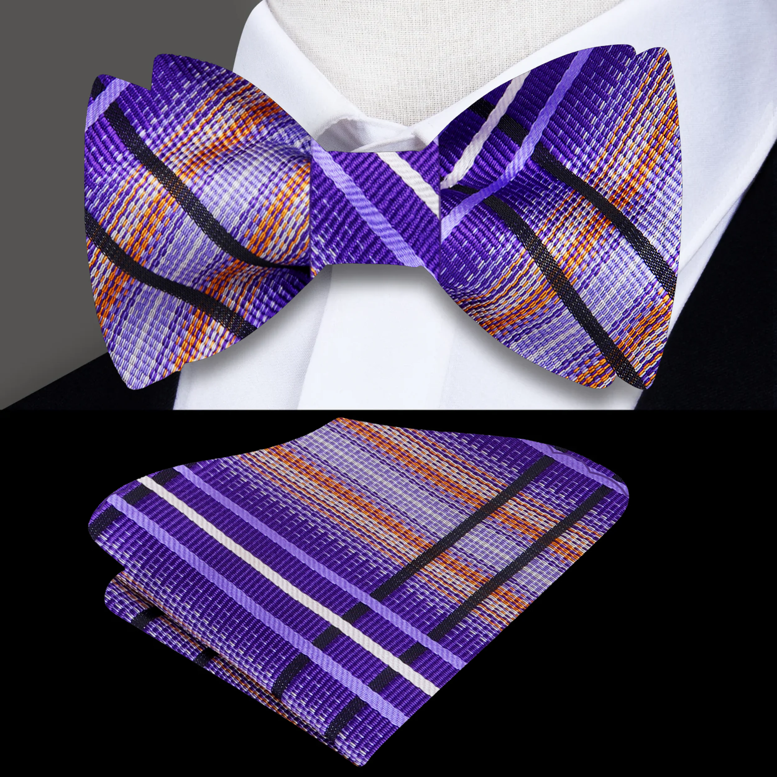Vibrant plaid bow tie in purple and green, perfect for weddings and formal events