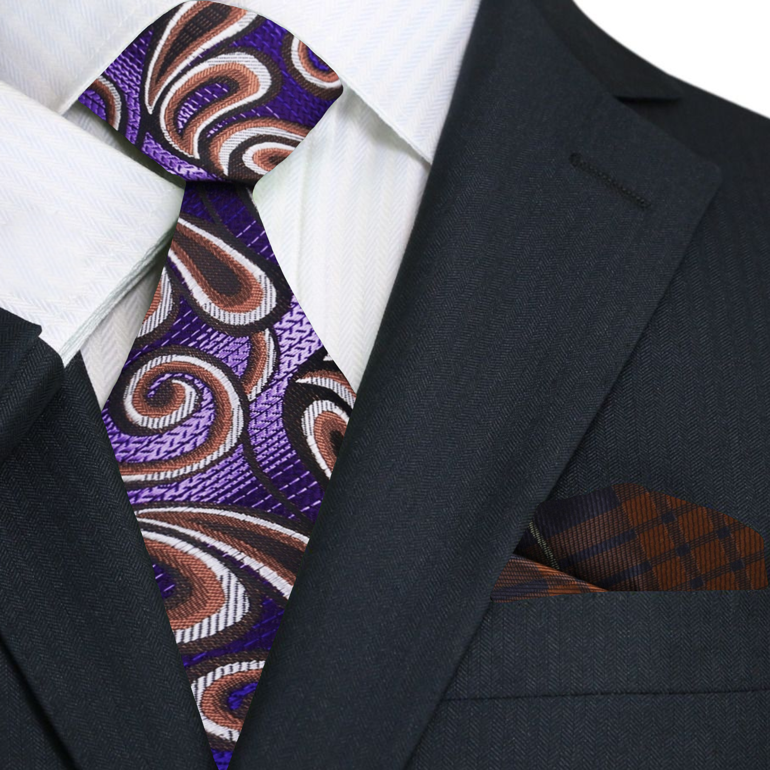 Ramesses paisley necktie styled with a navy suit and white shirt, perfect for formal dinners