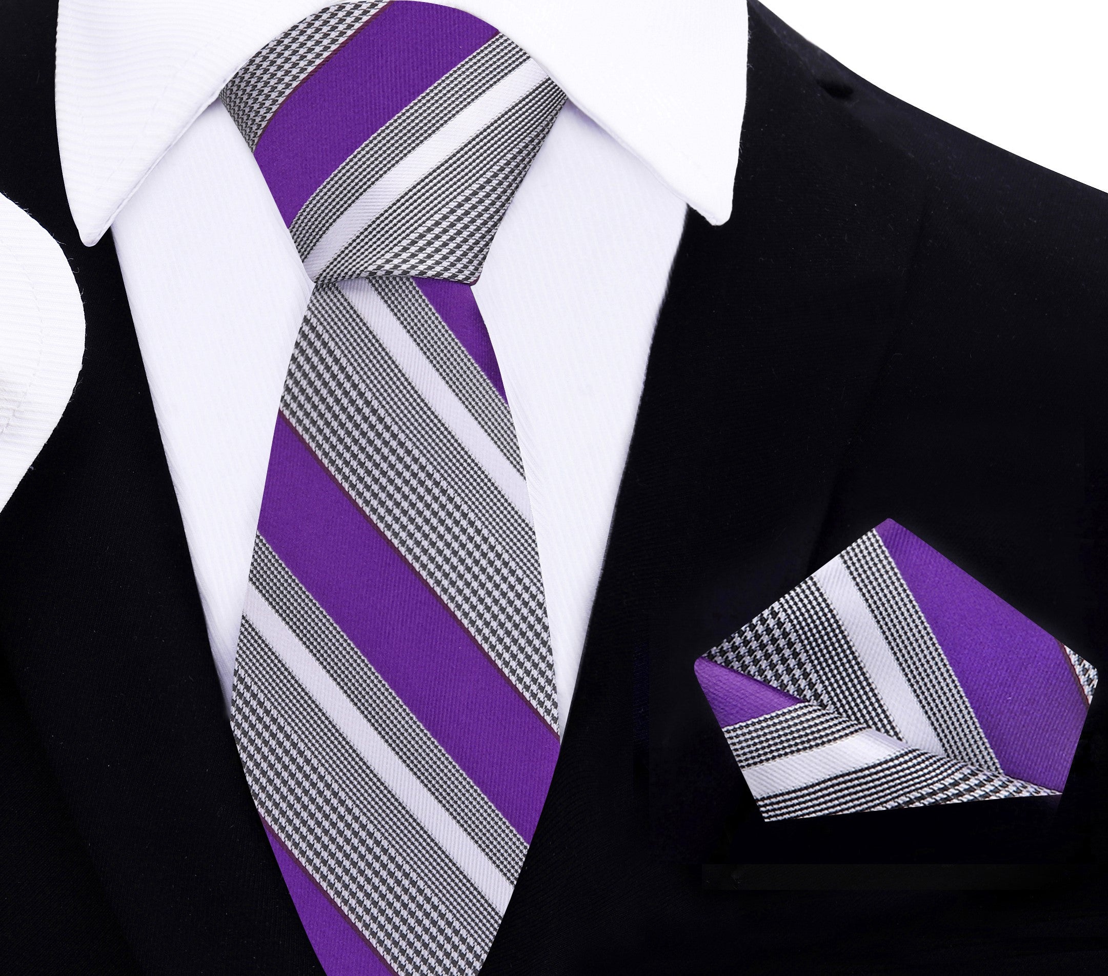 Front view of the purple striped necktie showcasing the houndstooth pattern.
