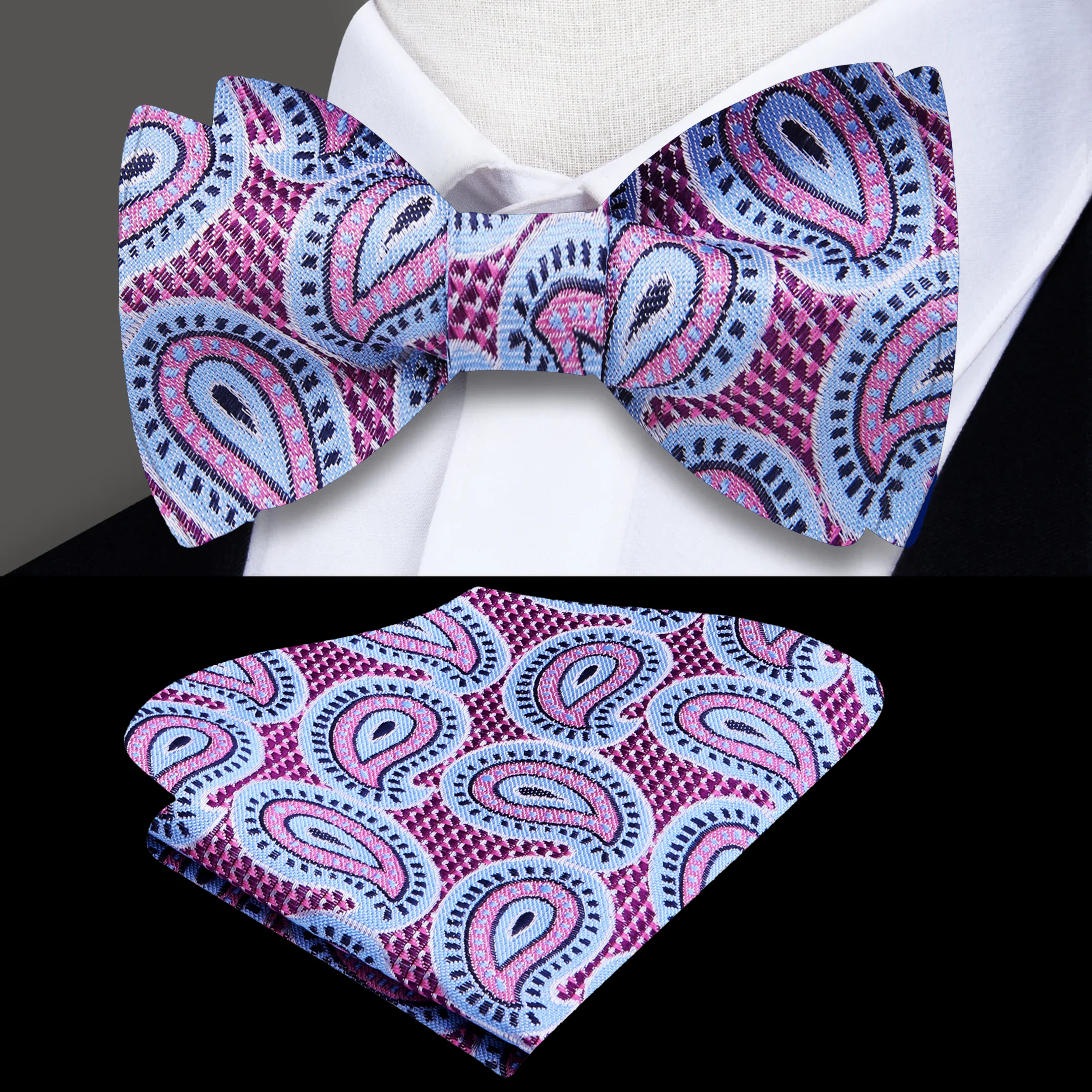 Stylish silk paisley bow tie paired with a light grey suit for outdoor events
