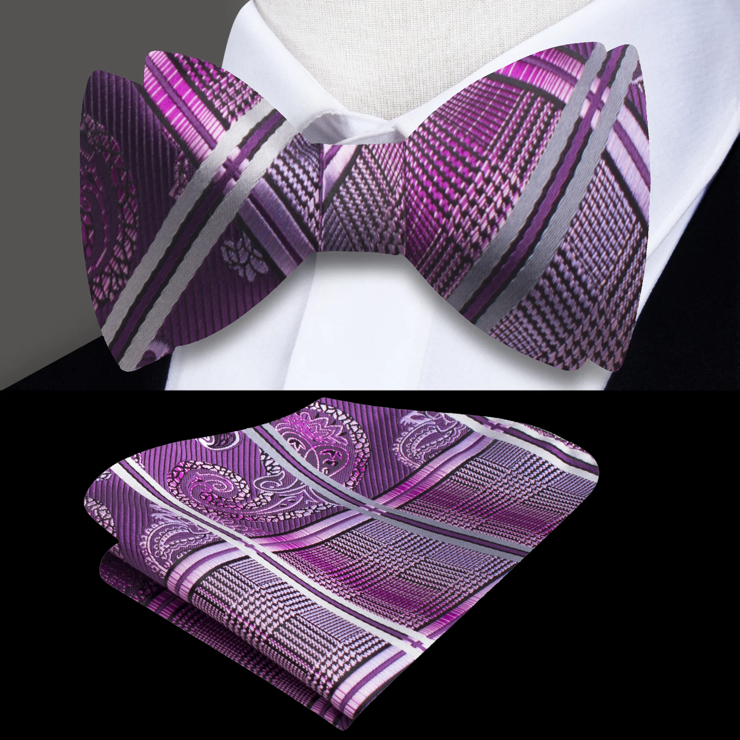 Close-up of a paisley silk bow tie with vibrant colors, perfect for weddings
