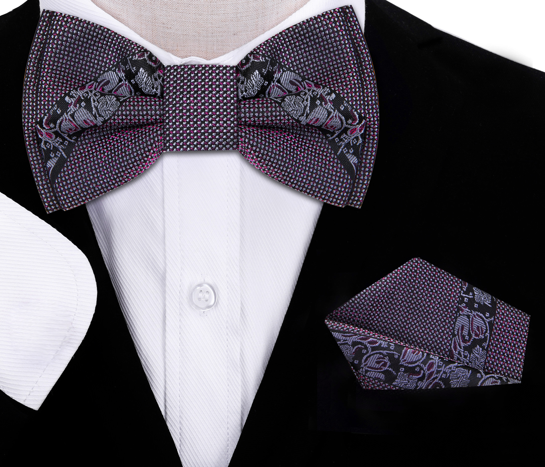 Front view of pre-tied bow tie and pocket square set for kids in metallic purple with floral black pattern
