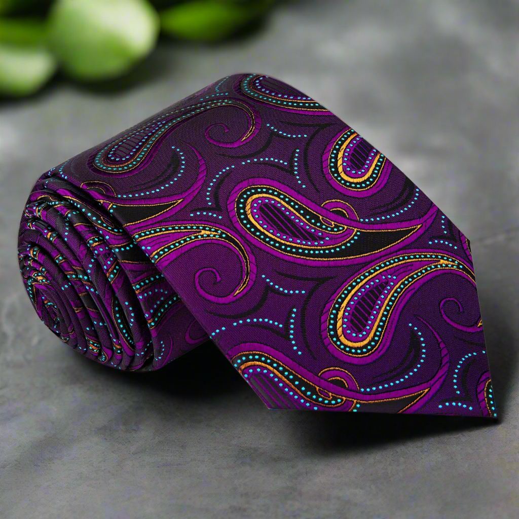 Close-up of blue silk paisley necktie with gold pattern for formal occasions