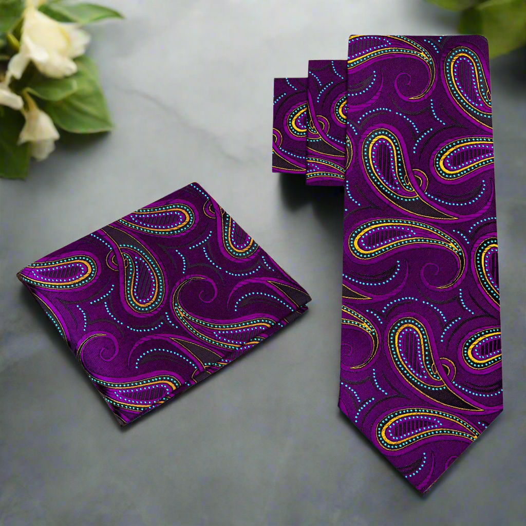 Elegant navy blue suit with matching paisley silk necktie and pocket square
