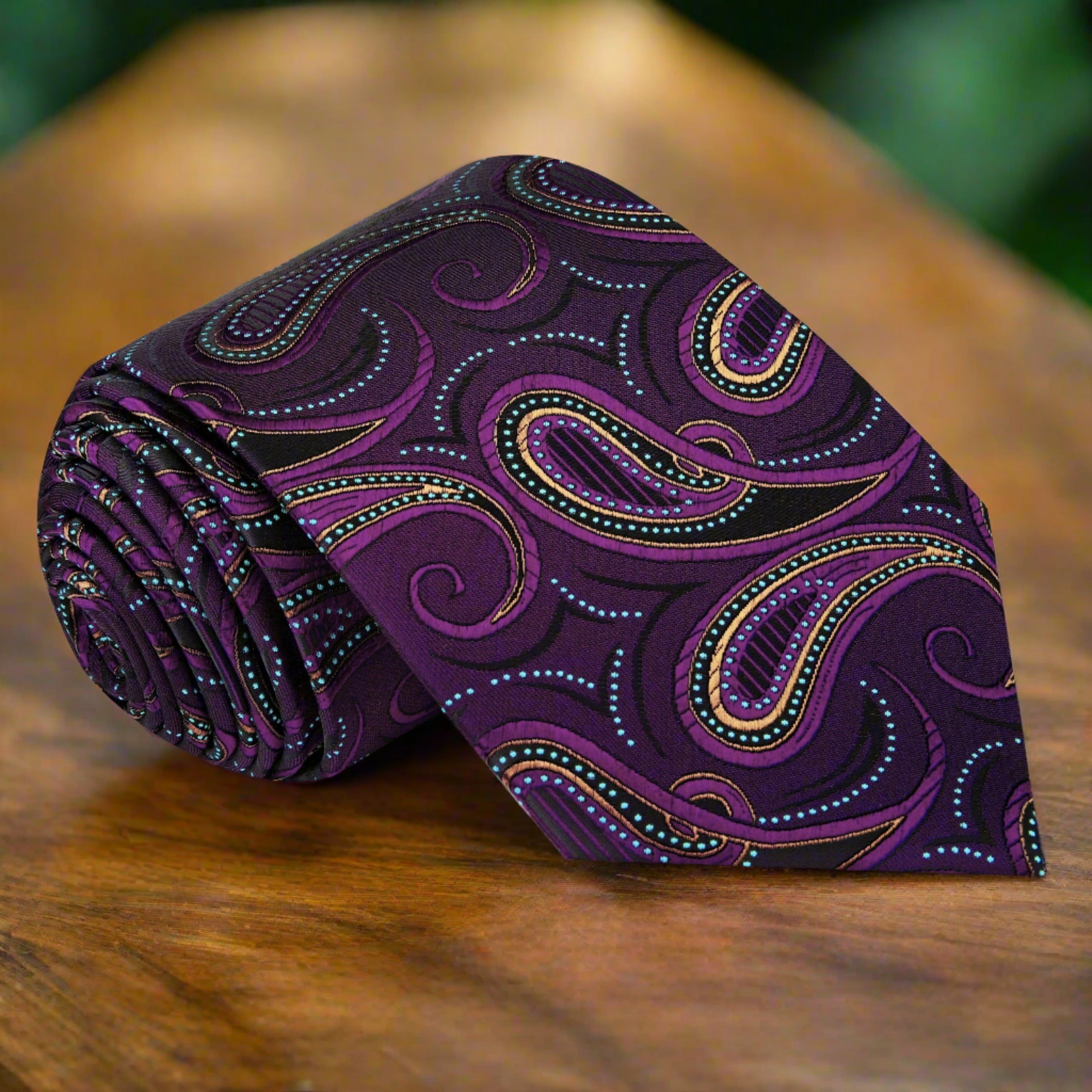 Close-up of purple and gold paisley silk necktie with detailed pattern, perfect for weddings