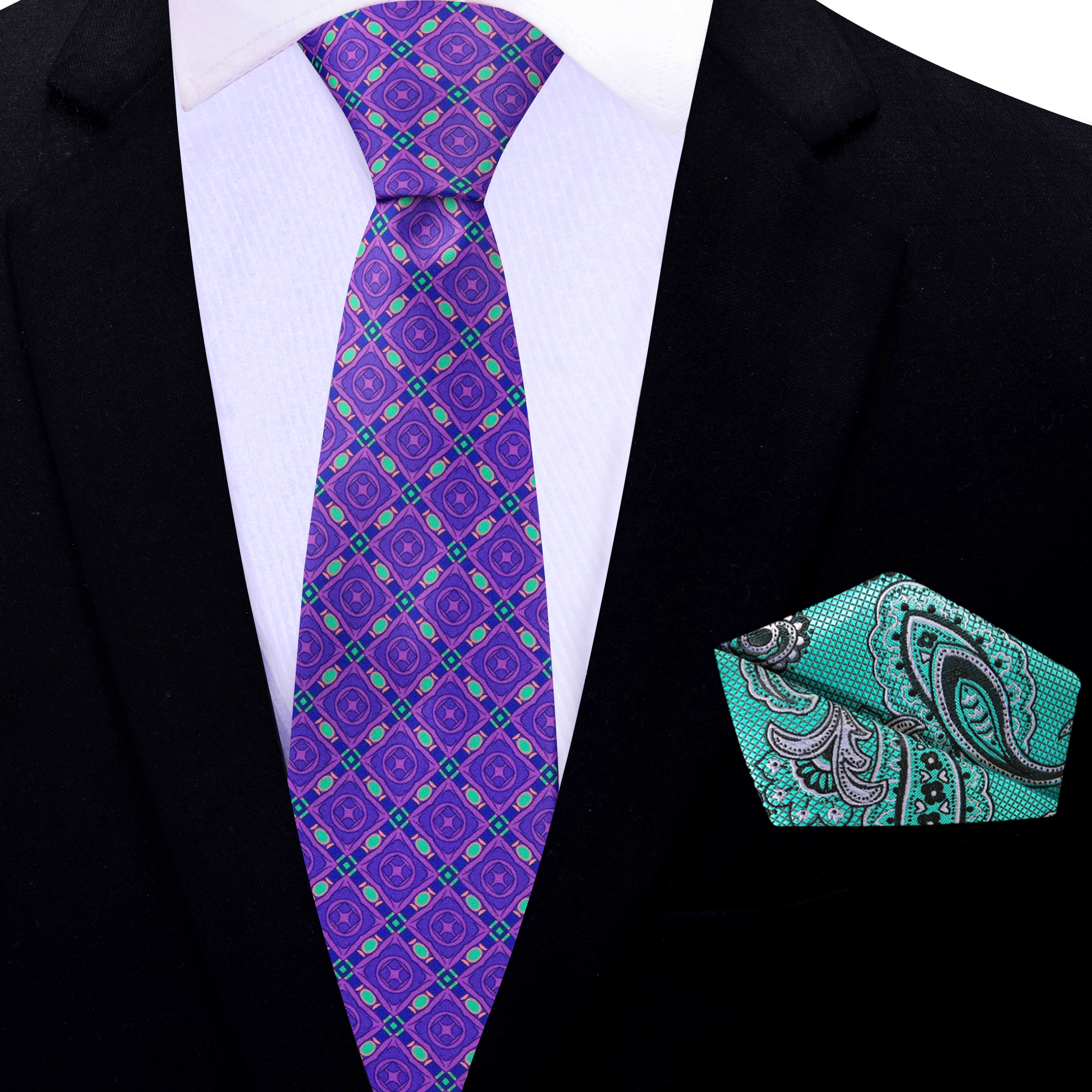 Rutherford tie paired with a charcoal grey suit and white dress shirt, ideal for business presentations.