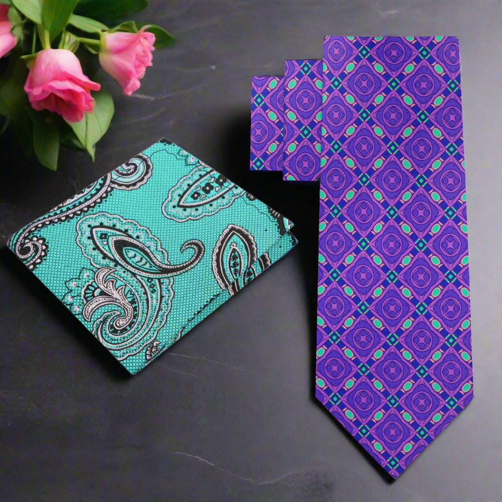 Rutherford Geometric Silk Necktie displayed on a formal shirt, showcasing its rich colors and unique pattern.