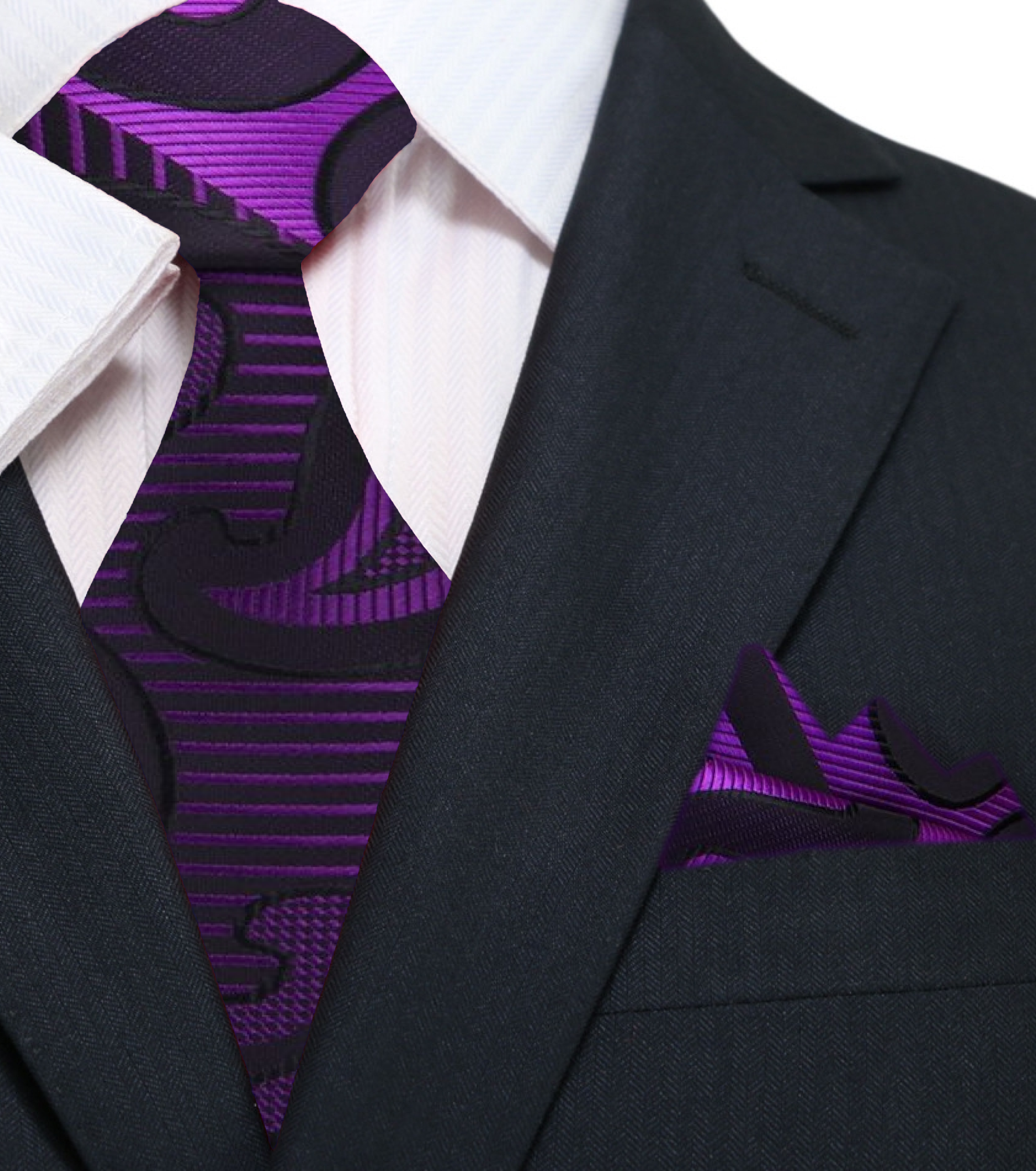 Close-up of a large paisley pattern silk necktie in dark red and black