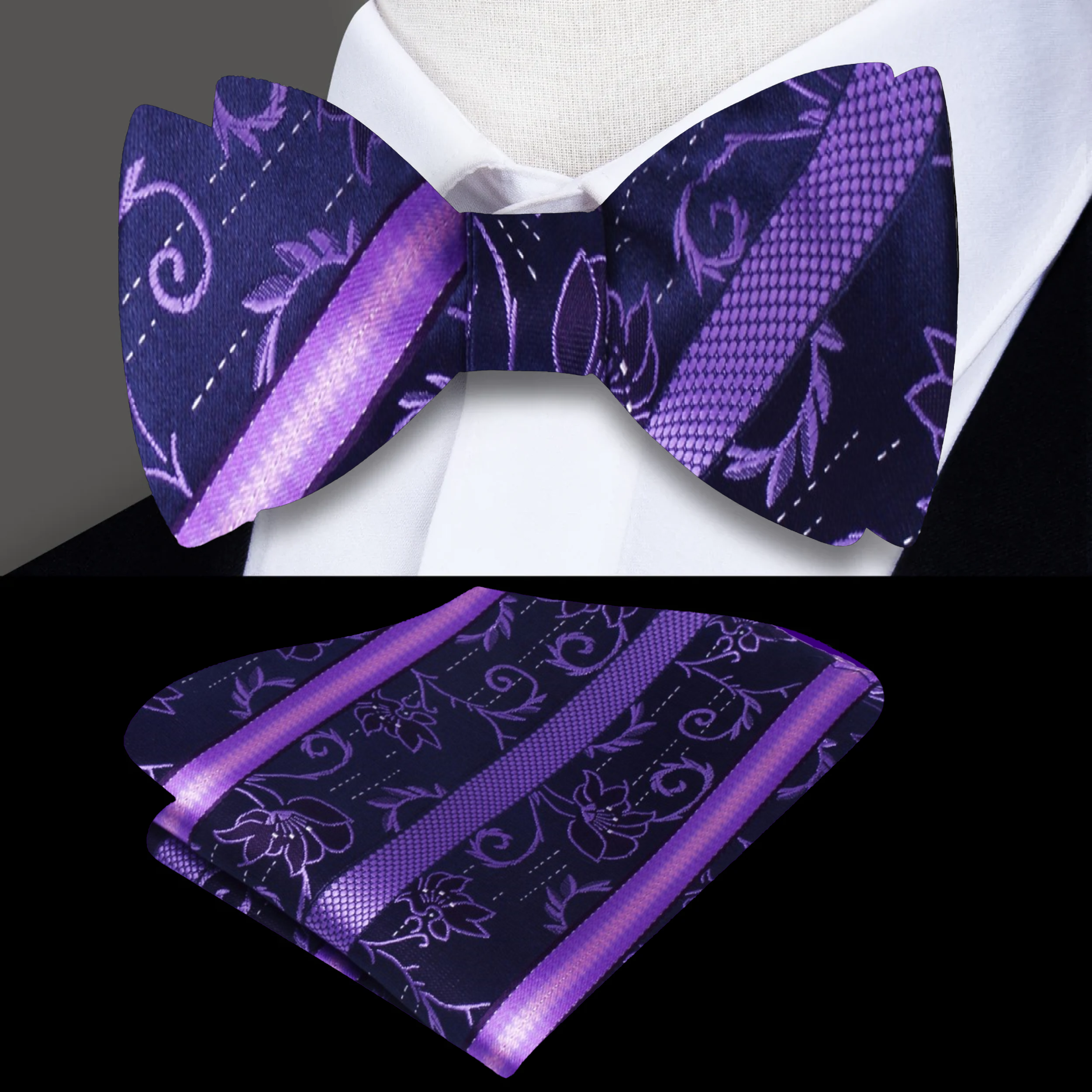 Man adjusting a silk floral bow tie with vibrant blue pattern