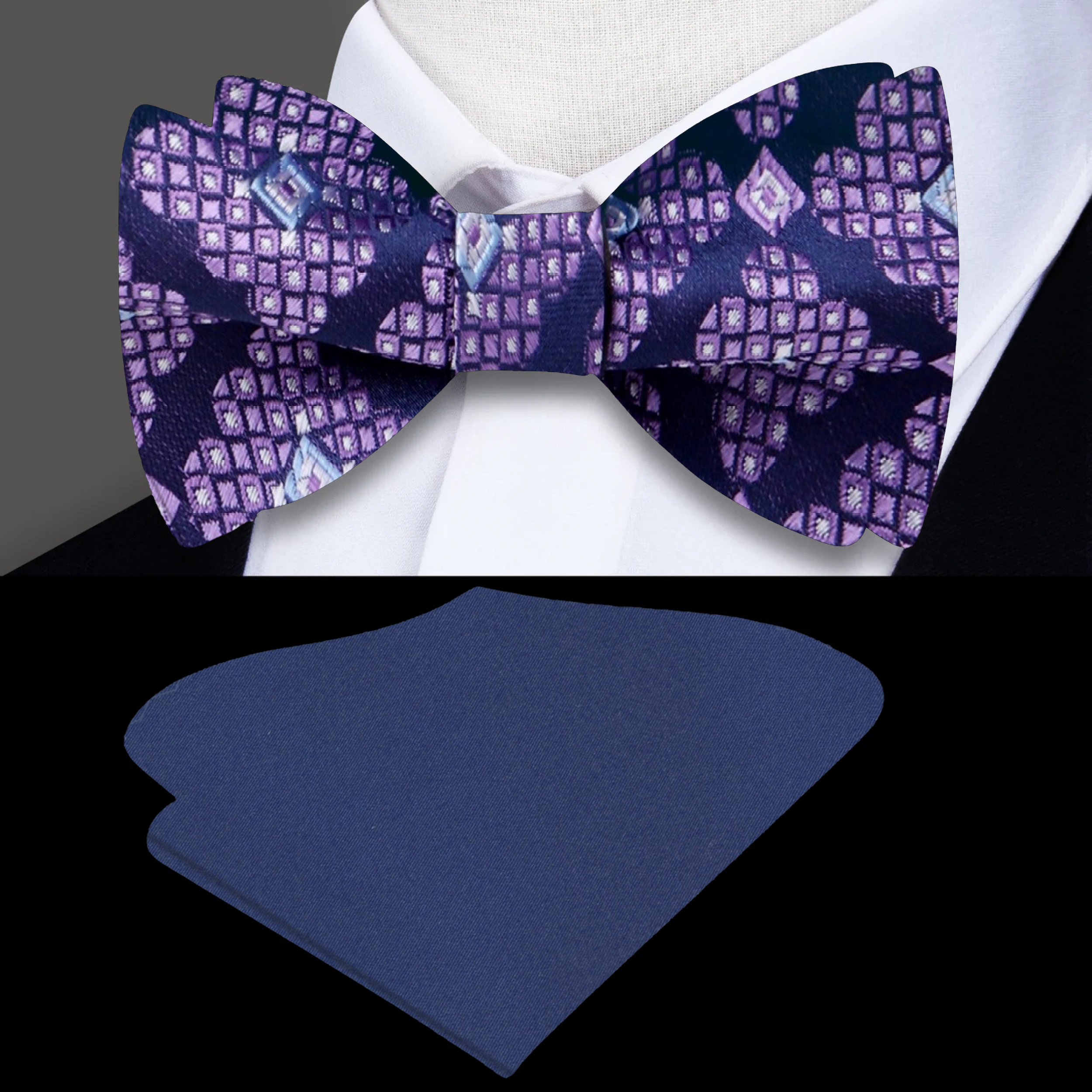 Close-up of purple geometric bow tie showcasing detailed pattern