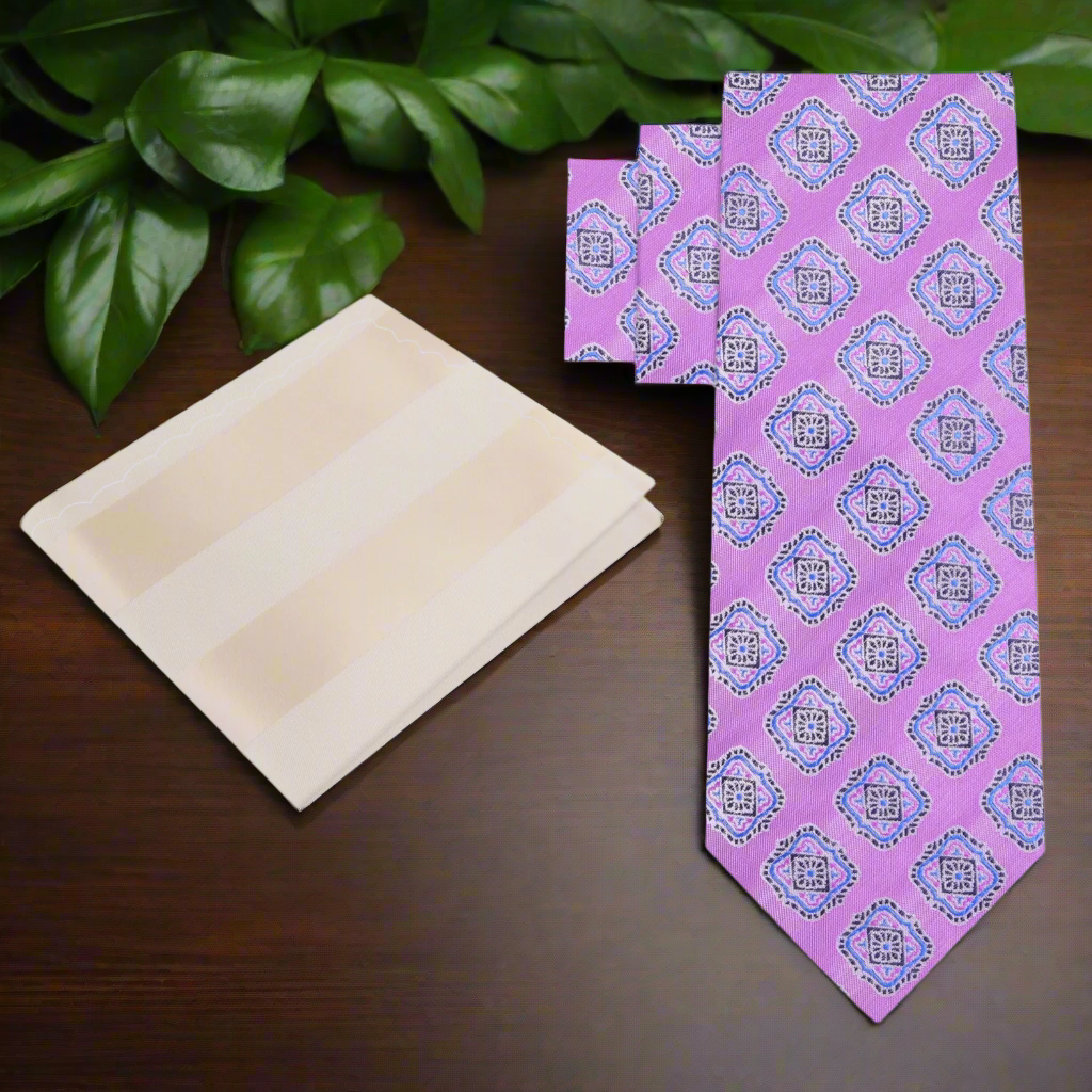 Close-up of the geometric medallion pattern on light purple and blue silk tie
