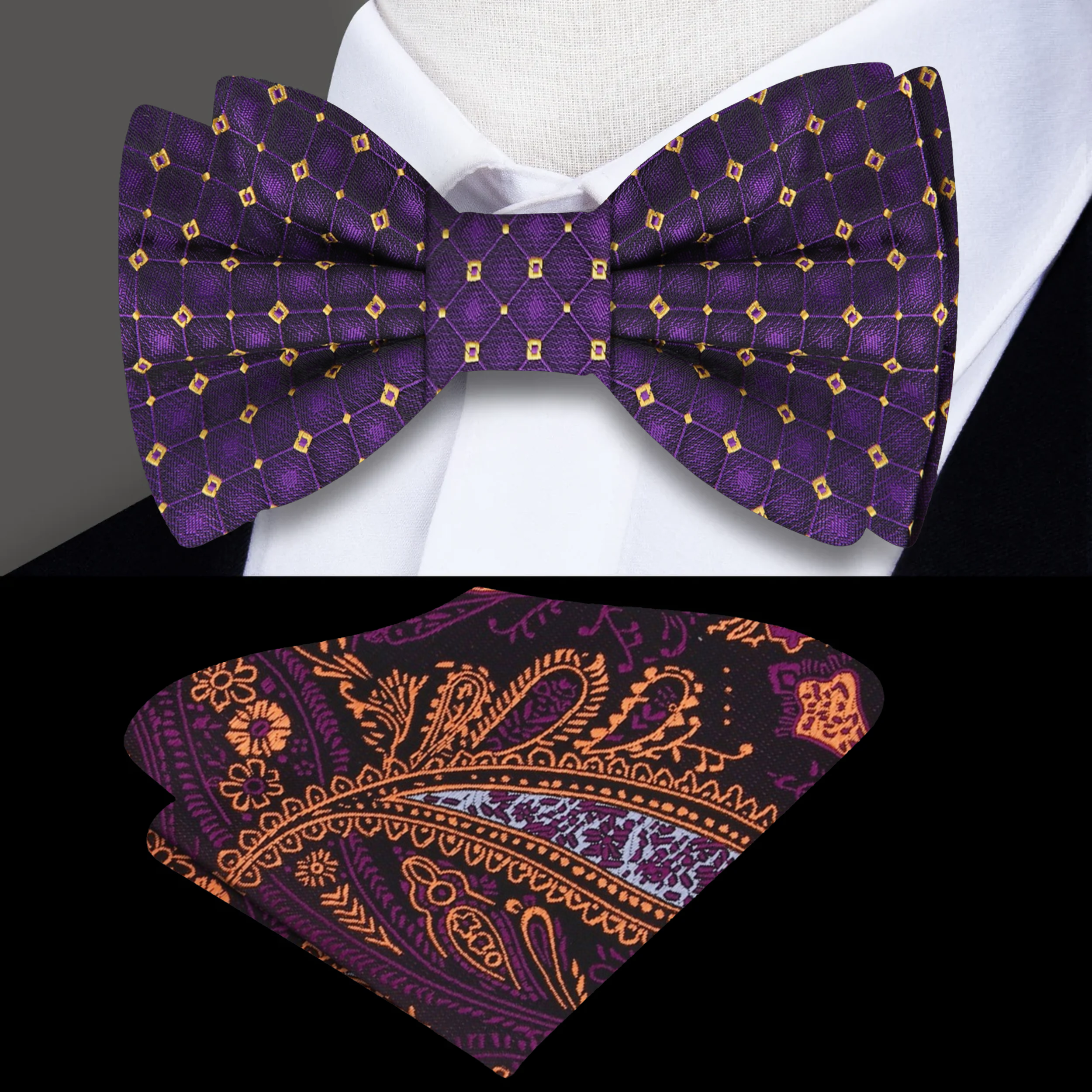 Model wearing the purple geometric bow tie at a black-tie event, complemented by a classic white shirt.